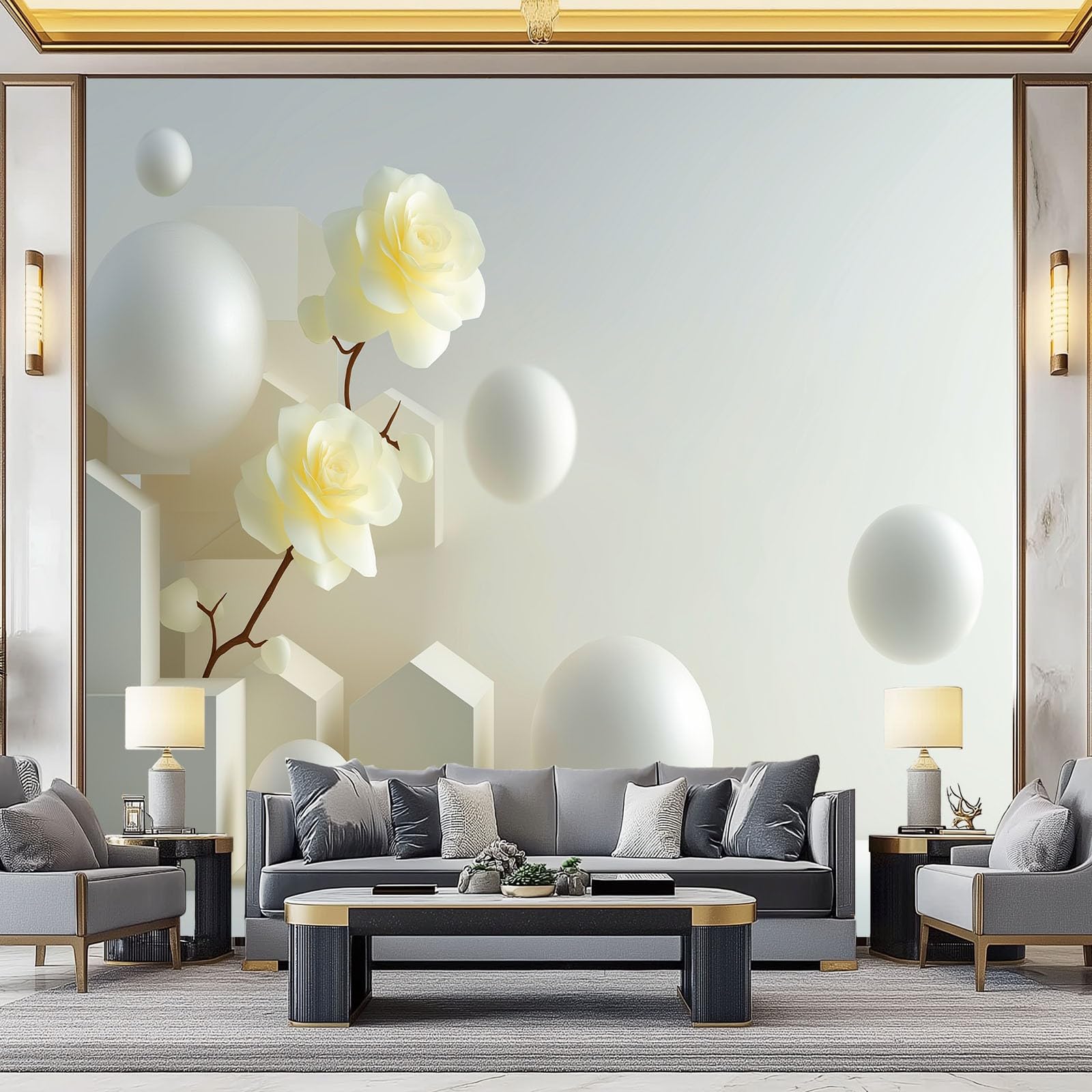 Fototapeta 3D, geometryczna, przestrzeń, abstrakcyjna, kwiatowa, 250 x 175 cm, mural na duże tło dla telewizora, biała włóknina, murale 3D, do salonu, sypialni, dekoracja, plakat, pokrycie ścian