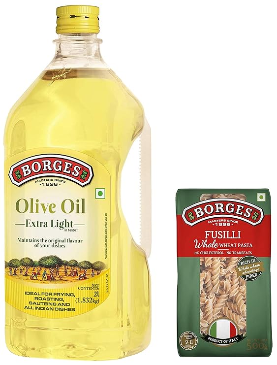 Borges Olive Oil Extra Light Flavour, 2 Liters & High Protein, fiber, Trans Fat Free and Cholesterol Free Whole Wheat Fusilli Pasta (500g)