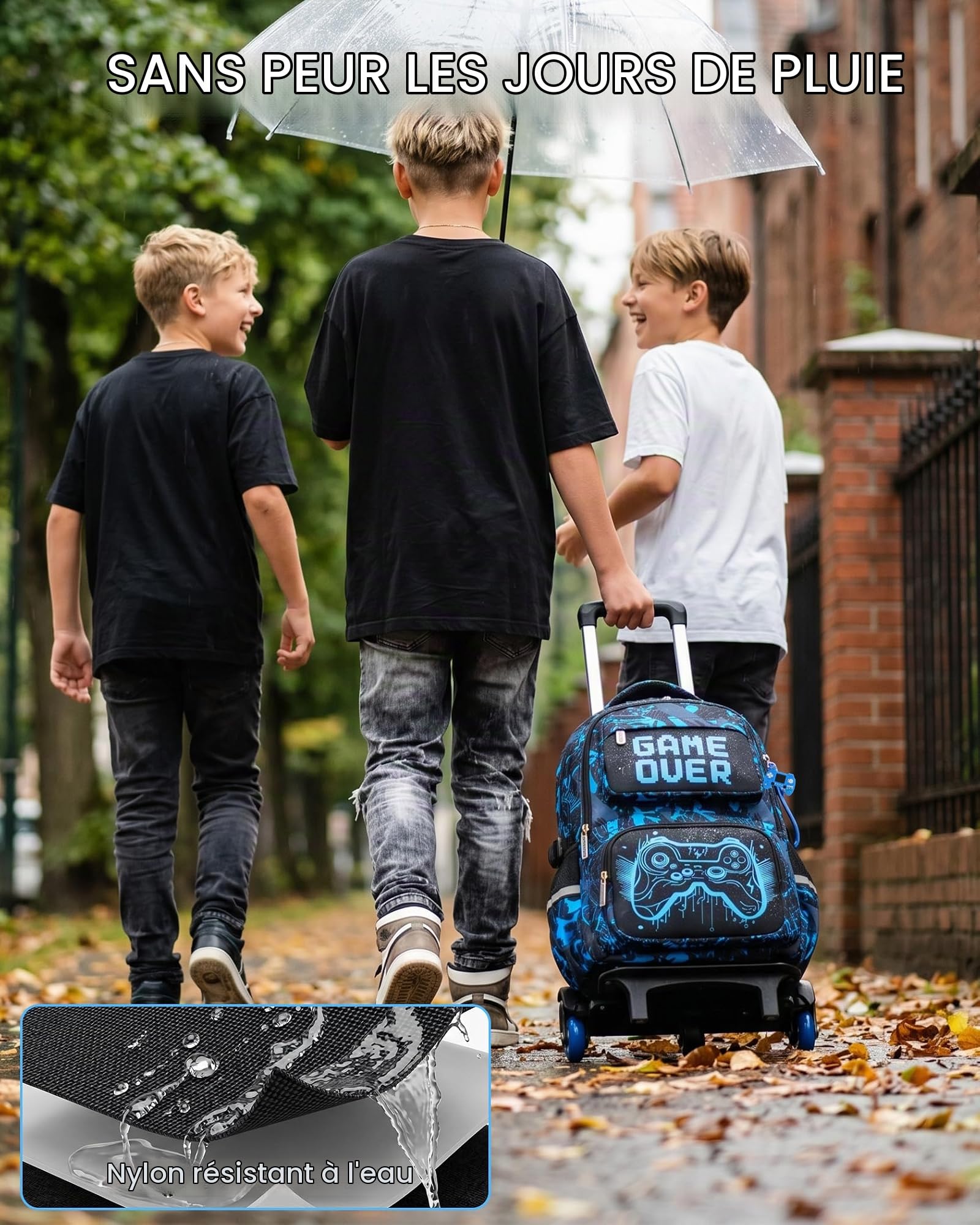 Amythe Sac à Dos Trolley Garçons 8 à 12 ans à 6 Roues Lumineux Grand, Bleu | Imperméable Réfléchissant Ergonomique Bleu Daypack Multi-Poches Spacieux Robuste pour École Voyage Randonnée Loisir