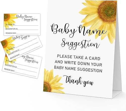 Sugerencia de nombre de bebé para baby shower, tarjetas de juegos de sugerencia de nombre de girasol, 1 letrero y 50 tarjetas de relleno, tarjetas