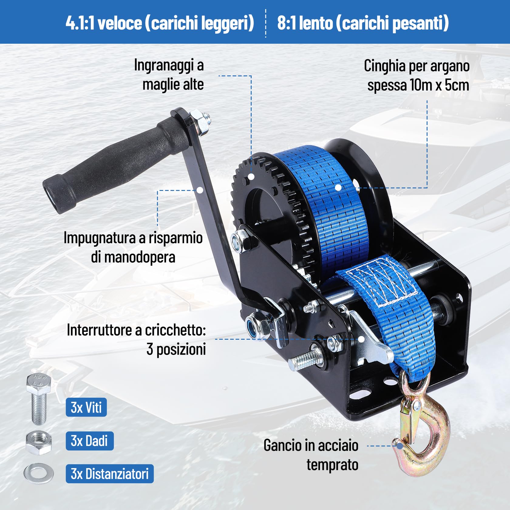 Pindex Verricello Manuale con Cinghia 10 M, Argano a Mano 1000 Kg con Cinghia, Verricello per Barca, Verricello a Mano con Blocco di Ritorno per Officina, Garage, Rimorchi, Dinghi, Legno