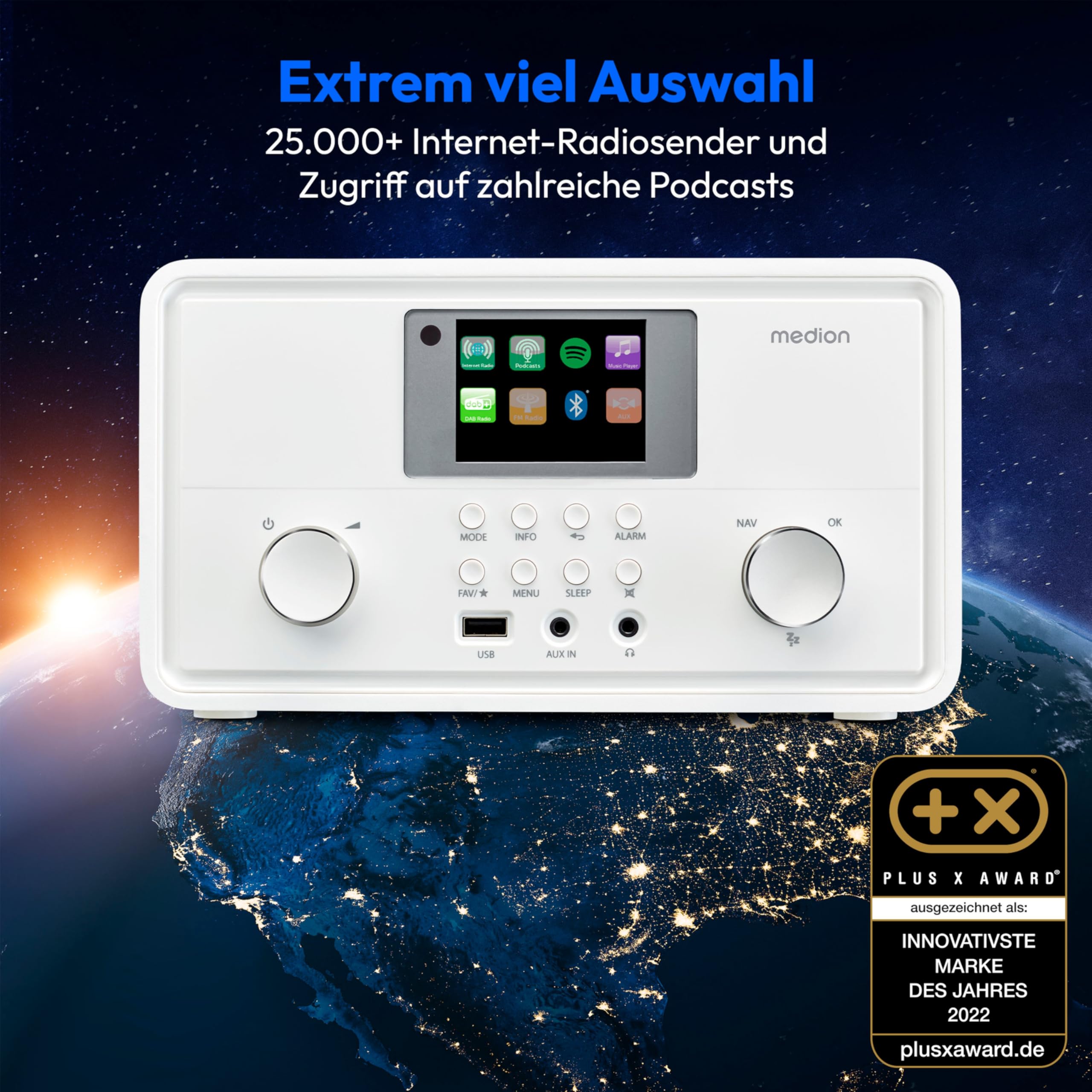 MEDION P85027 Internetradio (DAB Plus, UKW Radio, Spotify Connect, WLAN, Bluetooth, Streaming, Equalizer, Farbdisplay, USB, AUX, Wecker, Schlummerfunktion, Sleep Timer) weiß