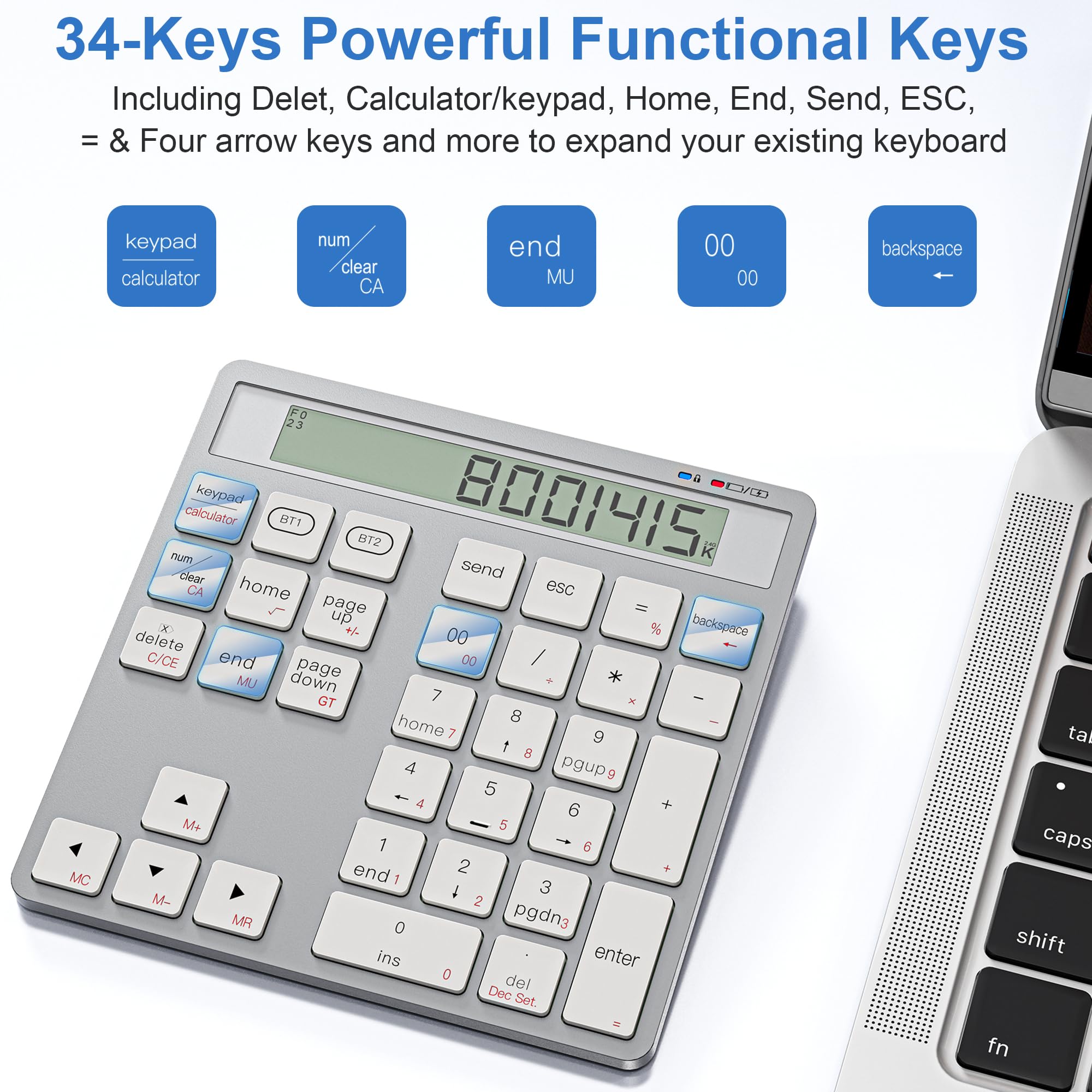 Tastierino numerico 2-in-1 ricaricabile con Bluetooth e USB, 34 tasti con display calcolatrice, sottile e portatile per PC/Mac/tablet, inserimento dati e contabilità rapidi