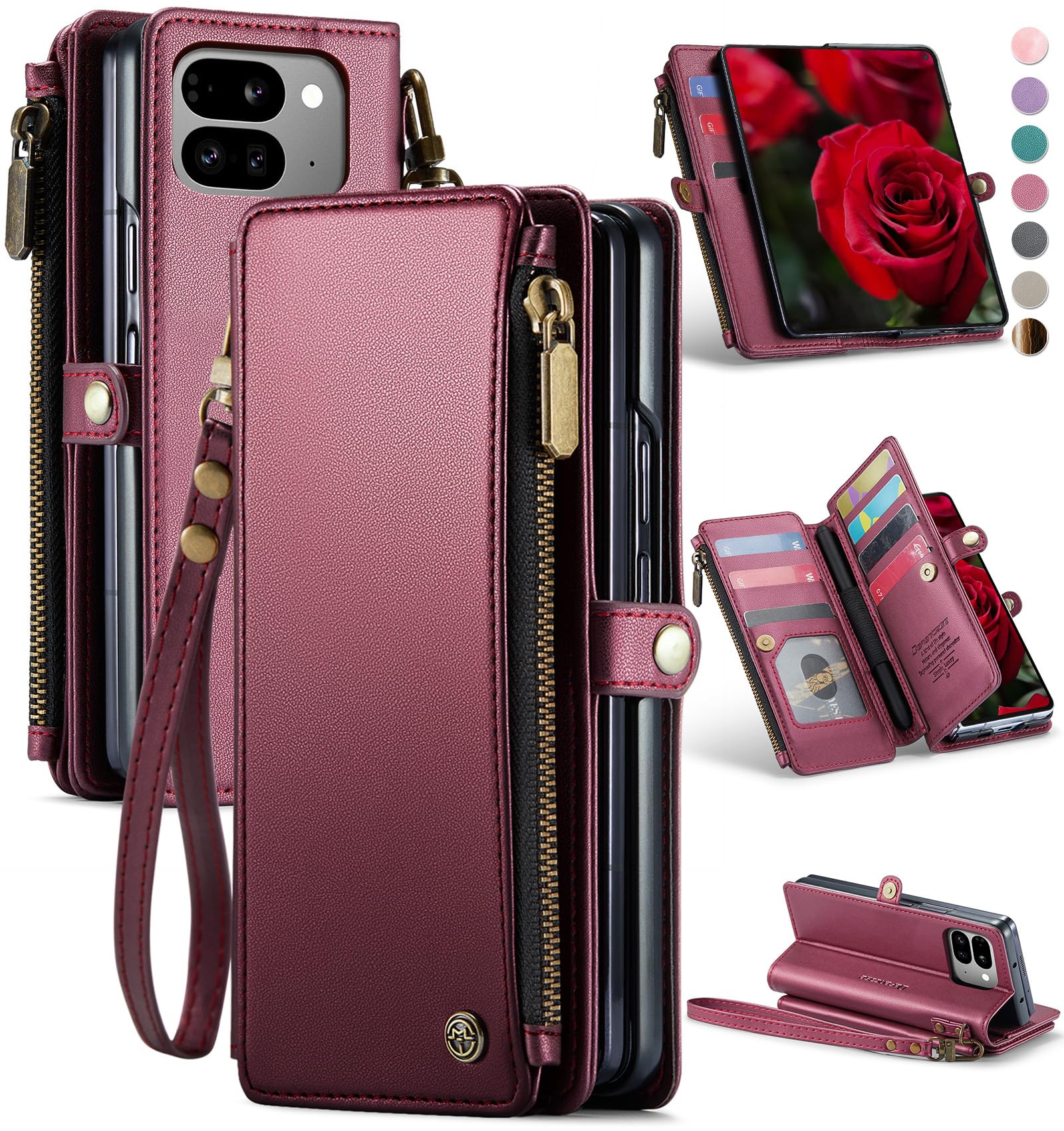 Defencase Compatible with Pixel 9 Pro Fold Case Wallet with RFID Blocking Card Holder & Pen Holder PU Leather Magnetic Snap Flip Zipper Strap Phone