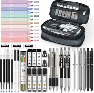 FourCandies 45-Piece School Supplies Kit: 12 Pastel Highlighters, 6 Gel Pens, 6 Mechanical Pencils, Durable Black Pouch & Refills - Student Essentials