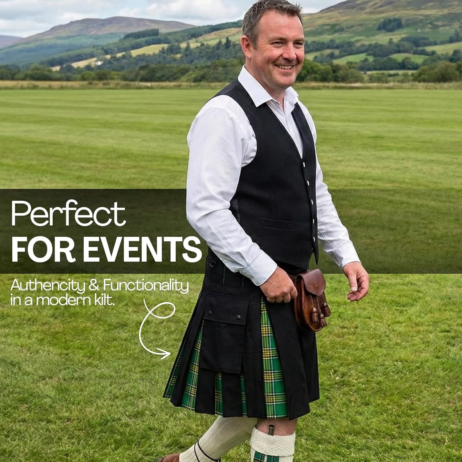 Men’s Utility Tartan Kilt, Scottish Kilts for Men with Cargo Pockets & Adjustable Leather Straps