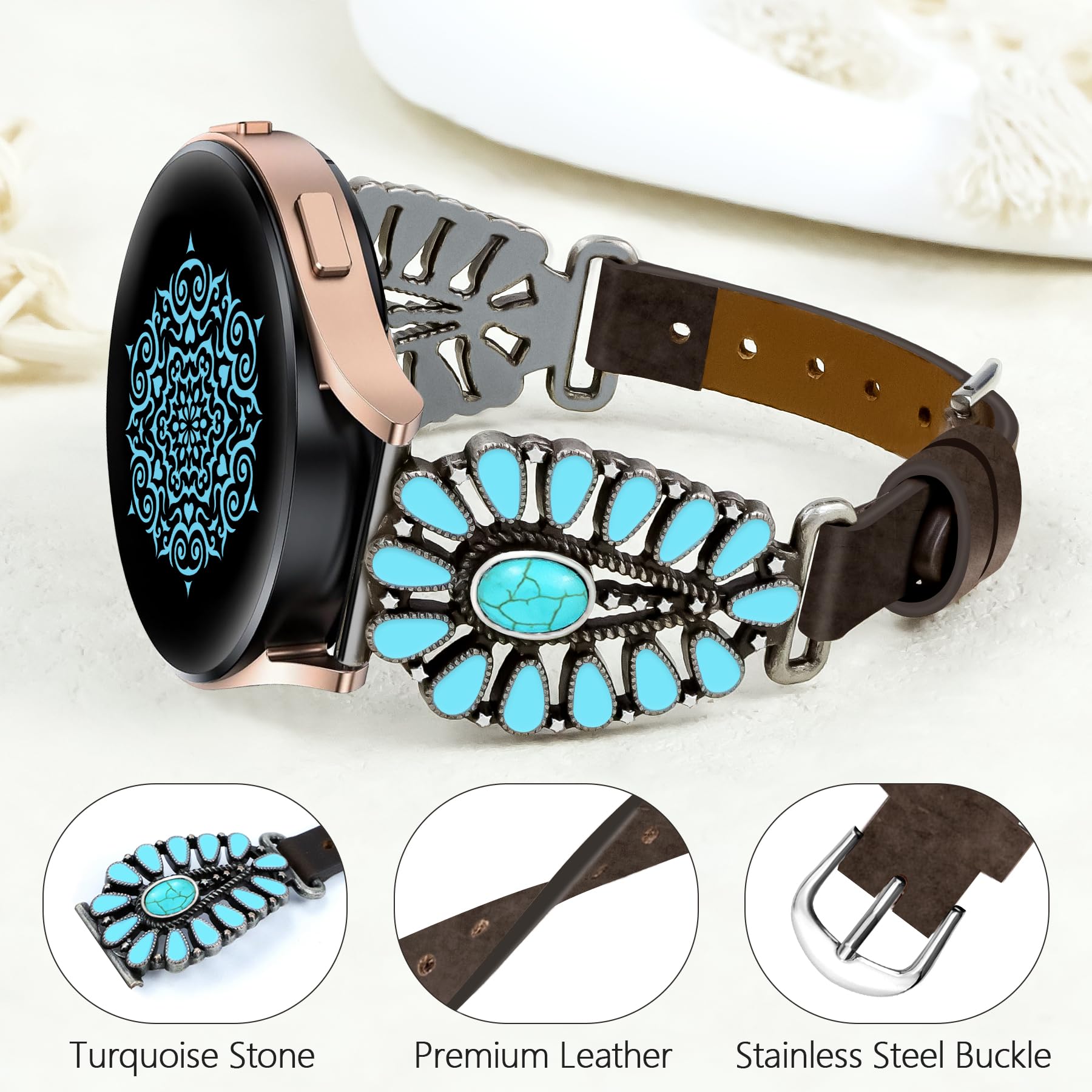 Leather Turquoise Band Boho Compatible Samsung Galaxy Watch 7/6/5/4/FE/Active 2 Amazon.com: JR.DM Leather Band Women Compatible with Samsung  main image 4