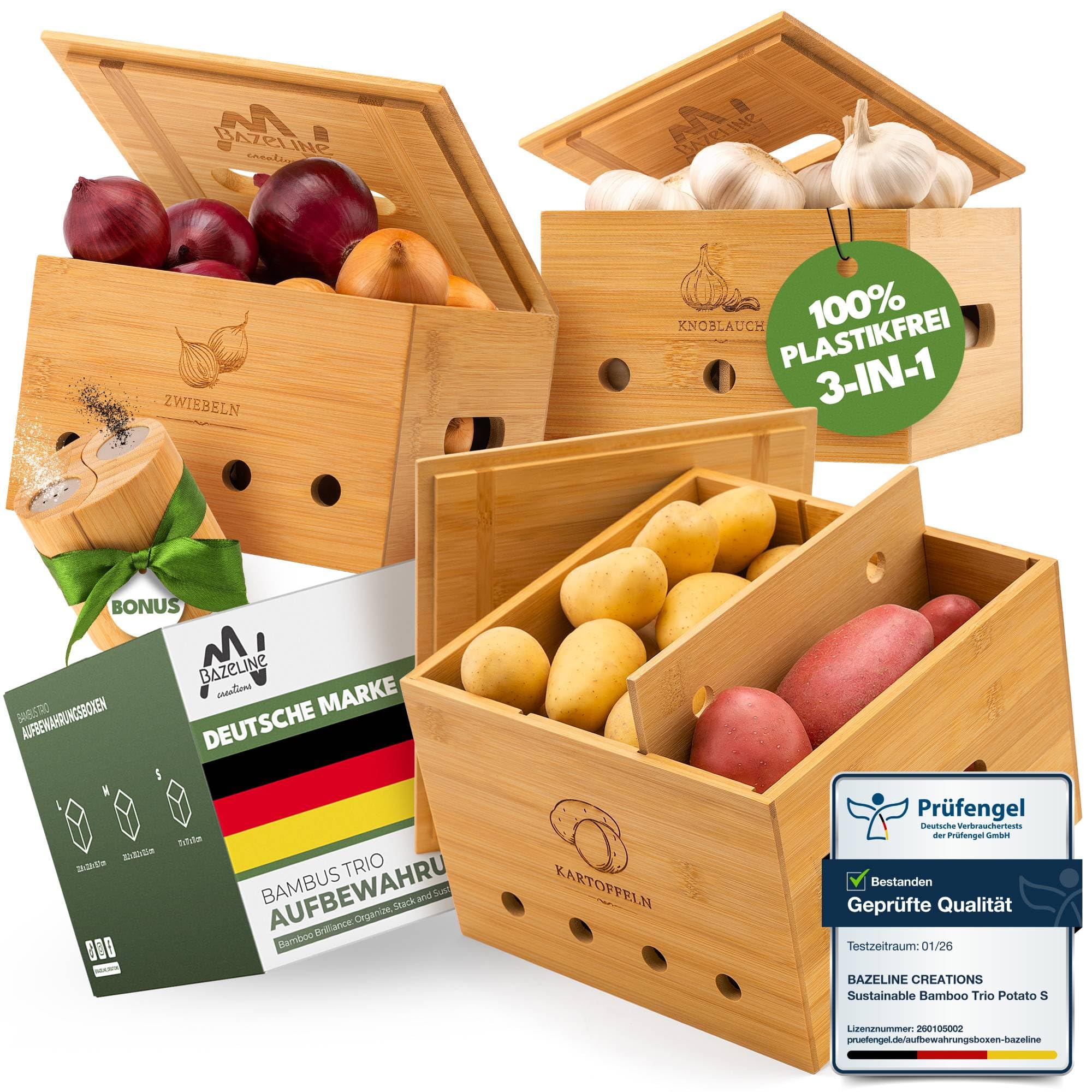 Nachhaltige Bambus Trio Kartoffel Aufbewahrungsbox [3er Set] mit Deckel, Zwiebel & Knoblauch Aufbewahrung, Umweltfreundliche Küche mit Belüftungslöchern (Braun)