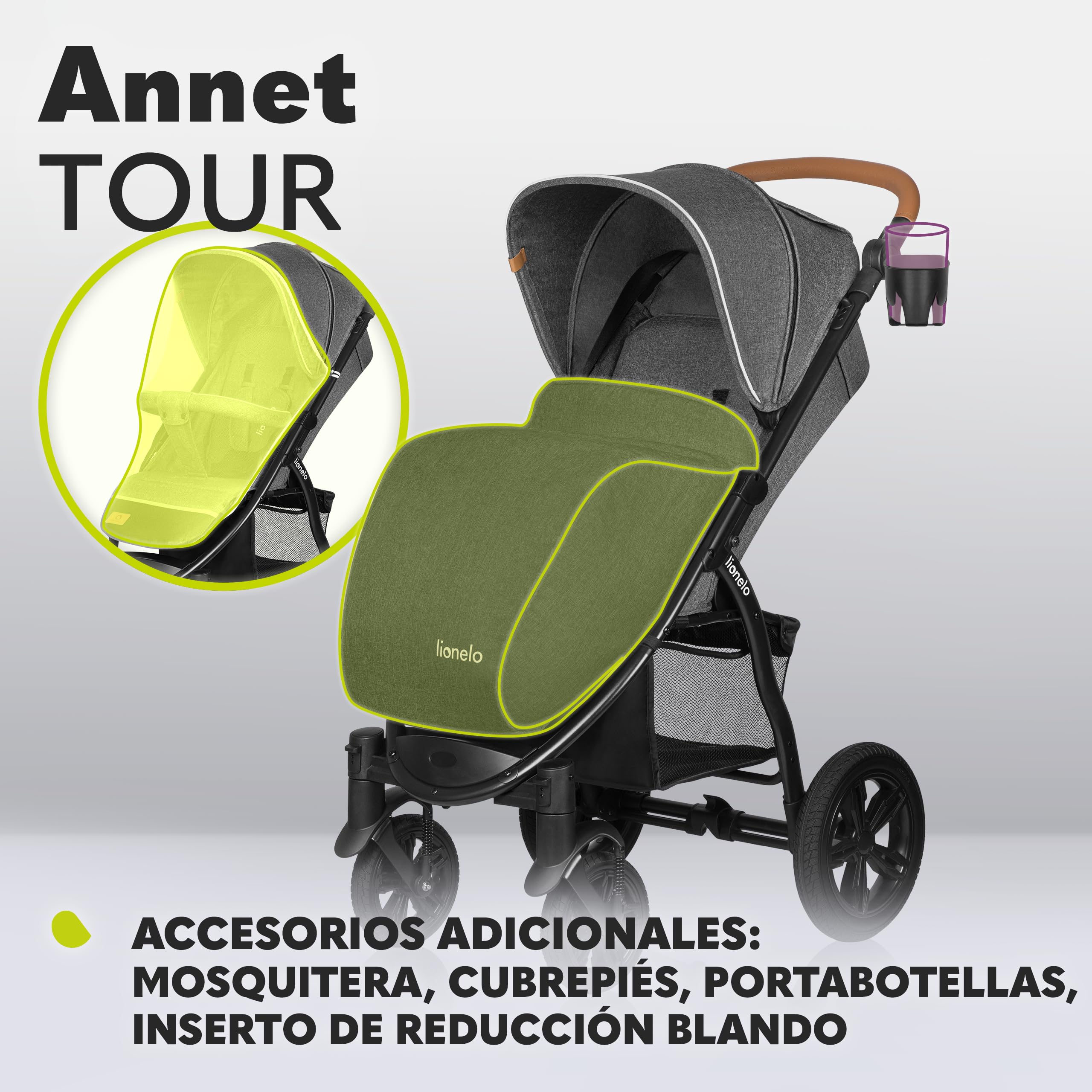 LIONELO Annet Tour Silla de paseo, bebe carro, hasta 22 kg, ajuste del respaldo a la posición tumbada, ruedas sin mantenimiento, capota impermeable XXL, cinturones de 5 puntos (gris)