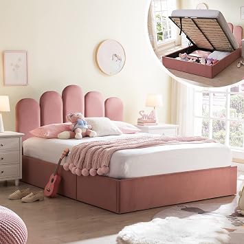Lift Up Storage Bed Full Size, Upholstered Platform Bed with Hydraulic Storage System & Wood Slats Support, Full Bed Frame with Headboard, No Box Spring Needed, Easy Assembly, Pink