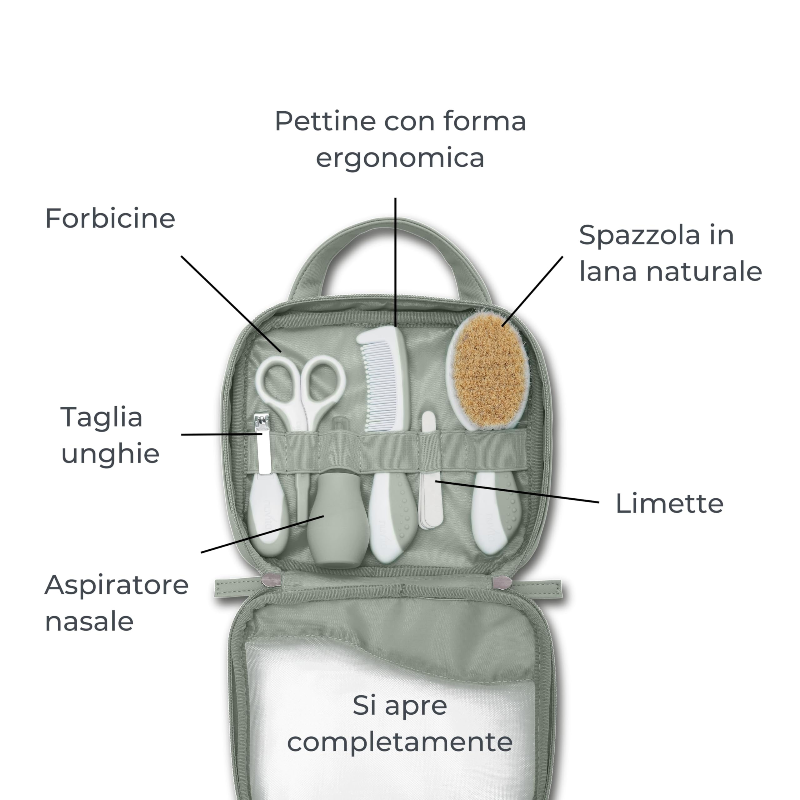 Nuvita 1146 | Set Completo per la Cura del Bambino | Trousse da Bagno | Bellezza per Neonati | Forbicine per Unghie e Capelli Senza BPA | Marchio UE | Sage Green