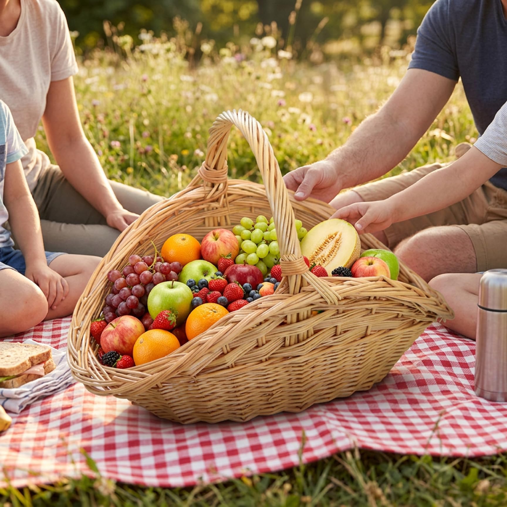 Cestino da giardino in rattan, cestino portaoggetti da picnic in vimini con manico, supporto portatile e robusto per frutta, verdura e attività all'aperto