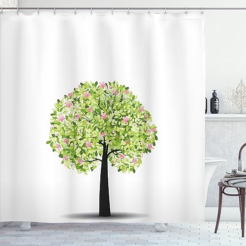 Ambesonne Cortina de ducha con flores de cerezo, árbol de primavera con flores y hojas, ilustración vintage con parte trasera lisa, juego de