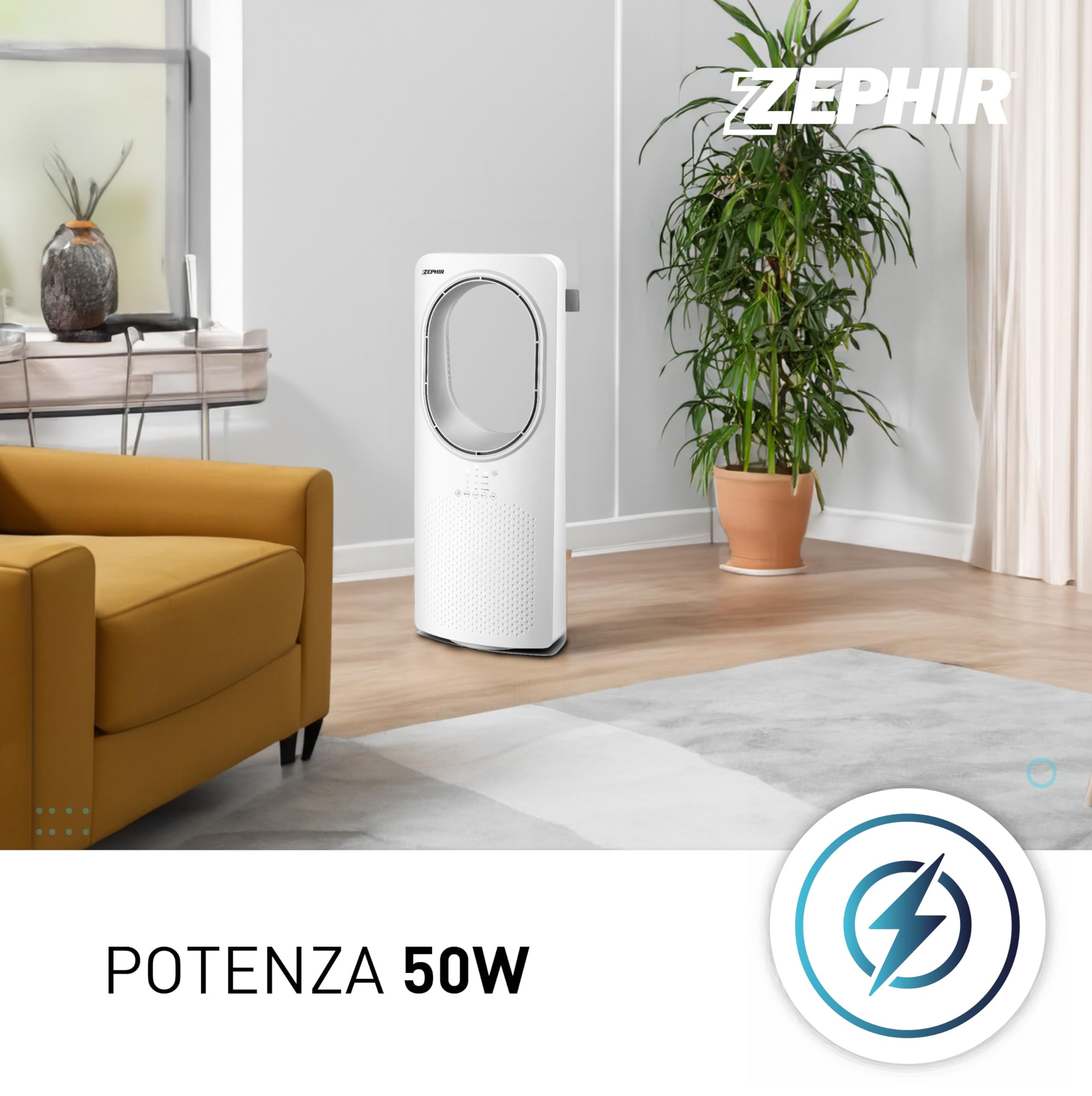 Zephir, Ventilalatore a Torre Senza Pale, 3 Velocità, 3 Modalità di Fusso d'aria, Ventilatore Oscillante, Display LED, Comando Touch, Timer 15 ore, Telecomando, Potenza 50 W