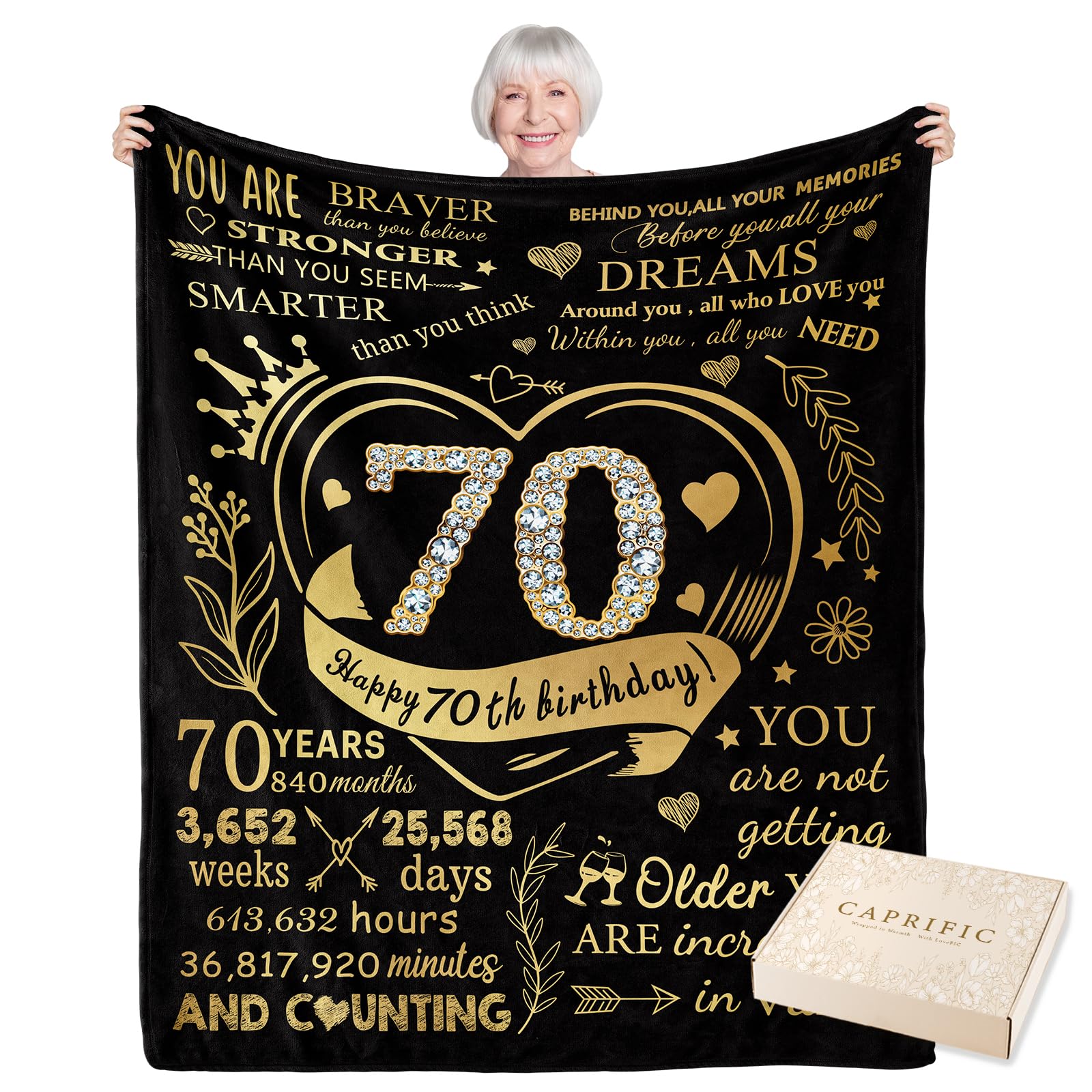 CAPRIFIC 70th Birthday Gifts for Women, Unique 70th Birthday Gifts for Her, 70th Birthday Decorations Birthday Gifts for Women, Birthday Presents for Mum, Grandma, Wife, 150x130cm Blanket(Gold)