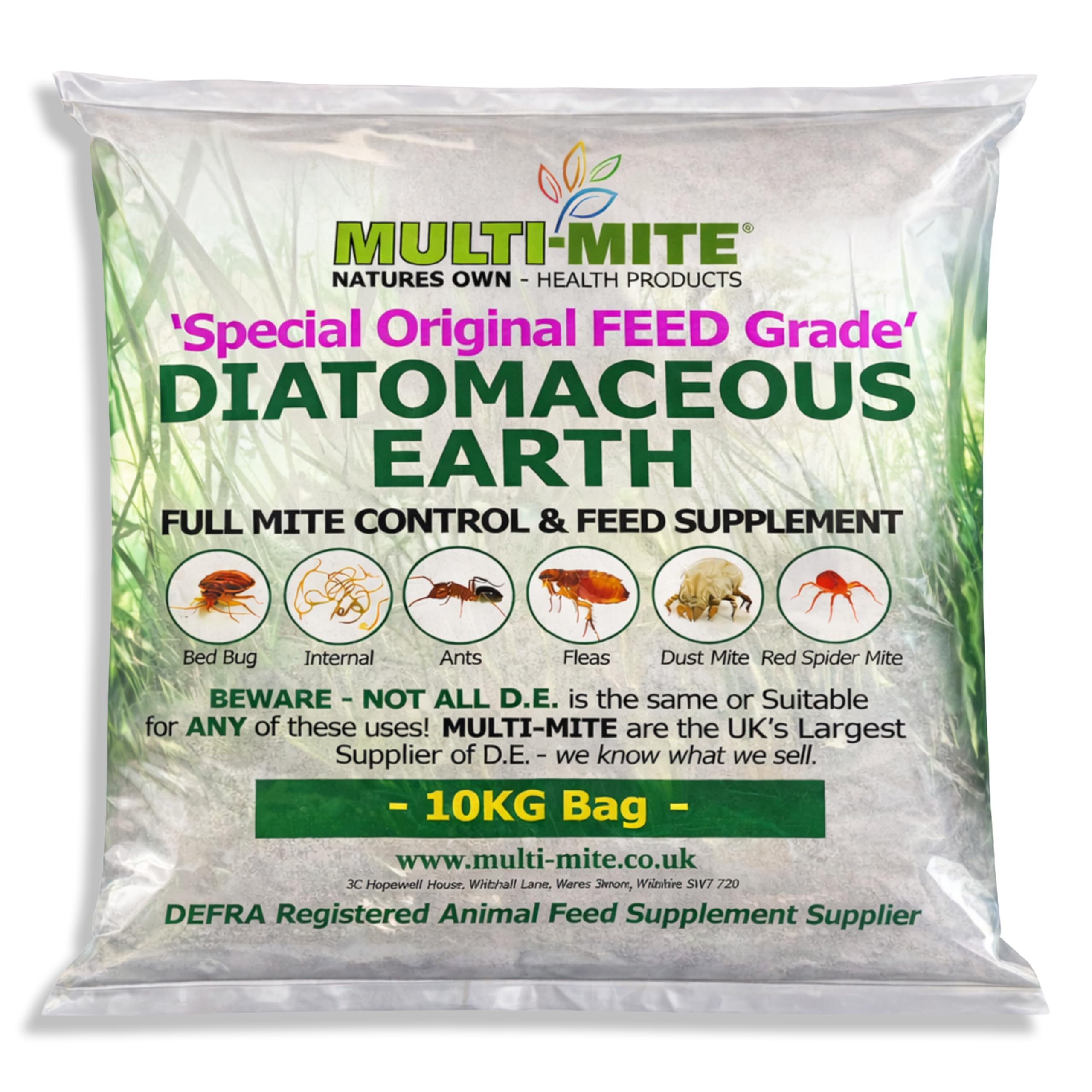 Multi-Mite® 10kg DIATOMACEOUS EARTH Feed Grade DE - Red Mite Fleas and All Animal Lice Control Powder