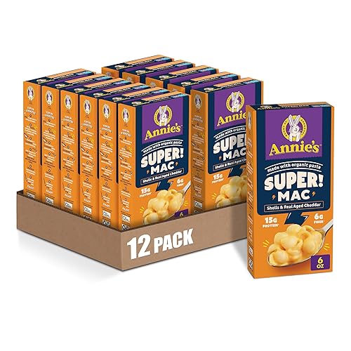Annie's Super! Mac, cena de macarrones con proteína y queso, conchas y queso cheddar añejado real, 6 onzas (paquete de 12)
