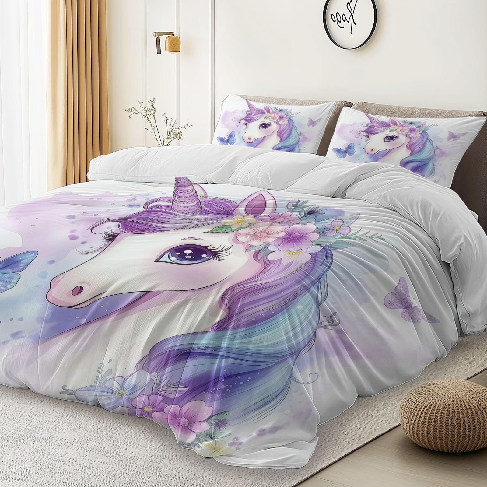 Poszwa na kołdrę 240 x 260 cm - Dream Unicorn Flower Butterfly Print Komplet pościeli z mikrofibry - zamek błyskawiczny - z 2 poszewkami na poduszki - dla dziewczynek chłopców biała dekoracja sypialni