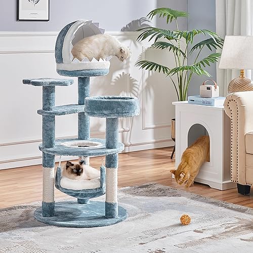Miniatura 2 de Yaheetech Árbol para gatos con temática oceánica de 45.5 pulgadas, torre para gatos de varios niveles, muebles de felpa para mascotas con nido en