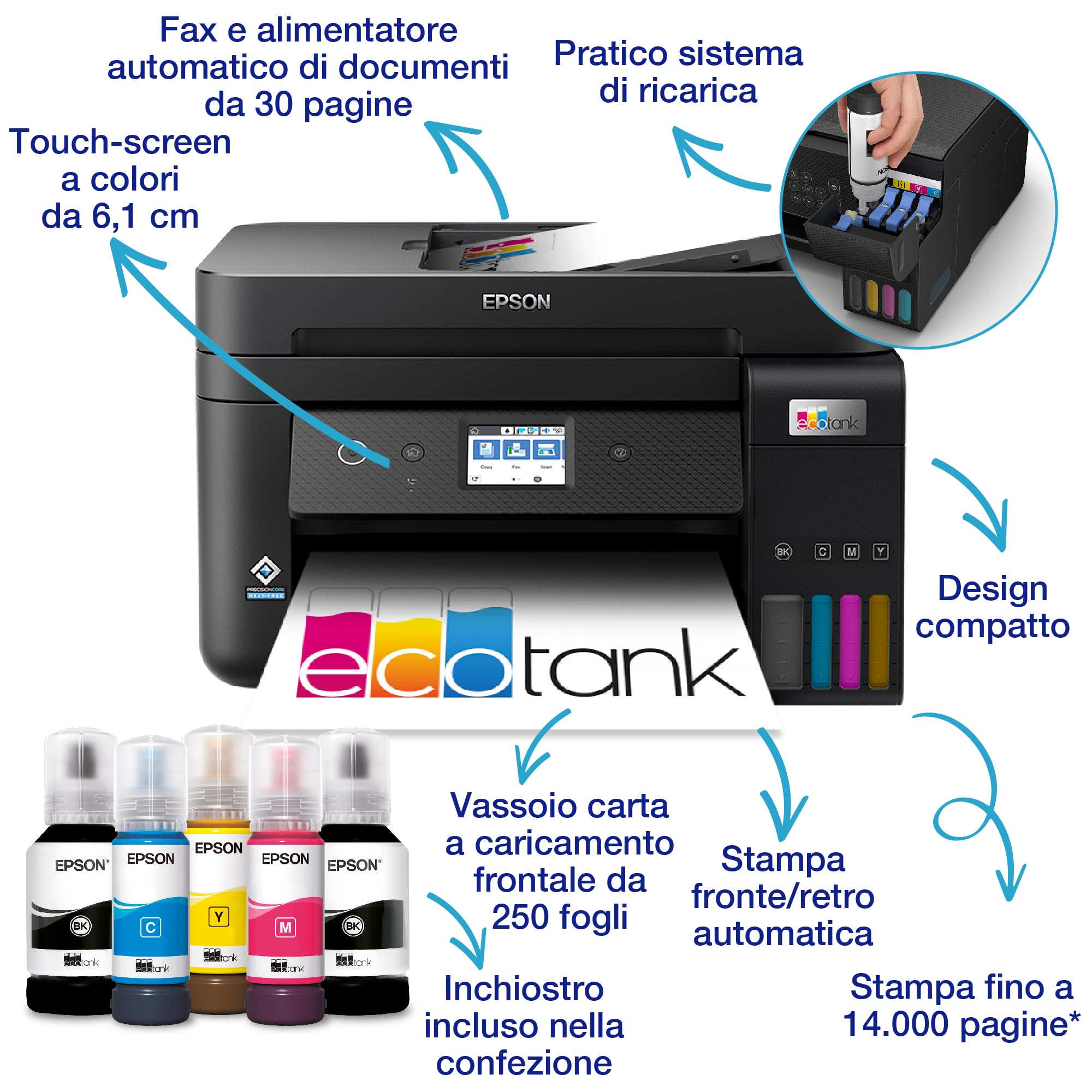 Epson EcoTank ET-4800 Stampante con Serbatoi D'inchiostro A4 Wi-Fi Ethernet Stampa Copia Scansione Fax LCD 3.7 cm ADF 3 Anni Inchiostro Inclusi