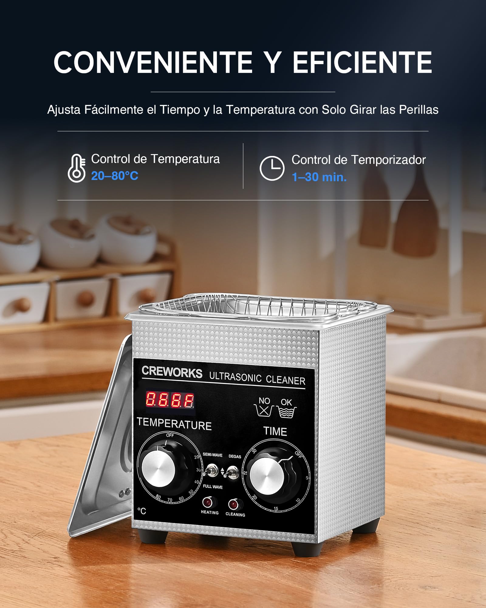 CREWORKS 1.3L Limpiador de Ultrasonidos con Temporizador y Calentador Limpiador Ultrasónico de Acero Inoxidabale Máquina de Ultrasonidos para Limpieza de Gafas/Joyas/Anillos (1,3 L)
