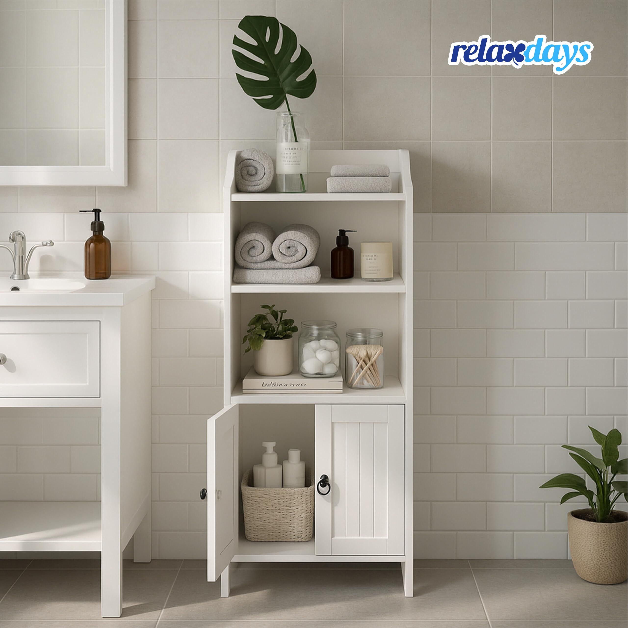 Relaxdays Badezimmerschrank, HxBxT: 86x40,5x36 cm, 4 Fächer, 2 Türen, MDF, schmaler Badezimmer Beistellschrank, weiß