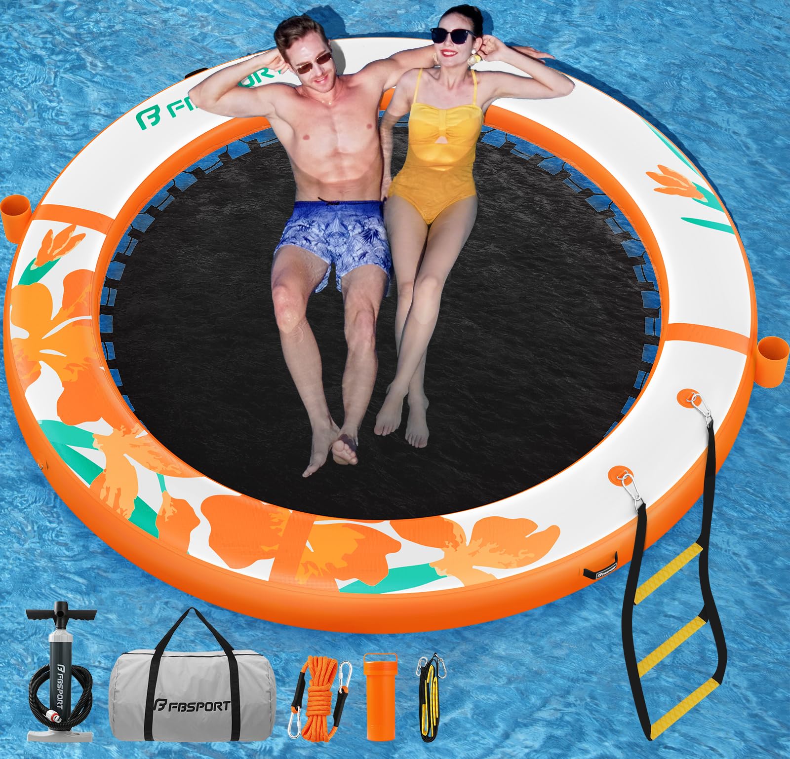 Groß Aufblasbare Badeplattform Sunchill 240/300 cm, Badeinsel Runde Schwimminsel für 2-5 Personen, Wasserinsel Schwimmende Ring mit Heavy Duty Netz, Floating Dock Insel für Pool, See, Strand & Ozean