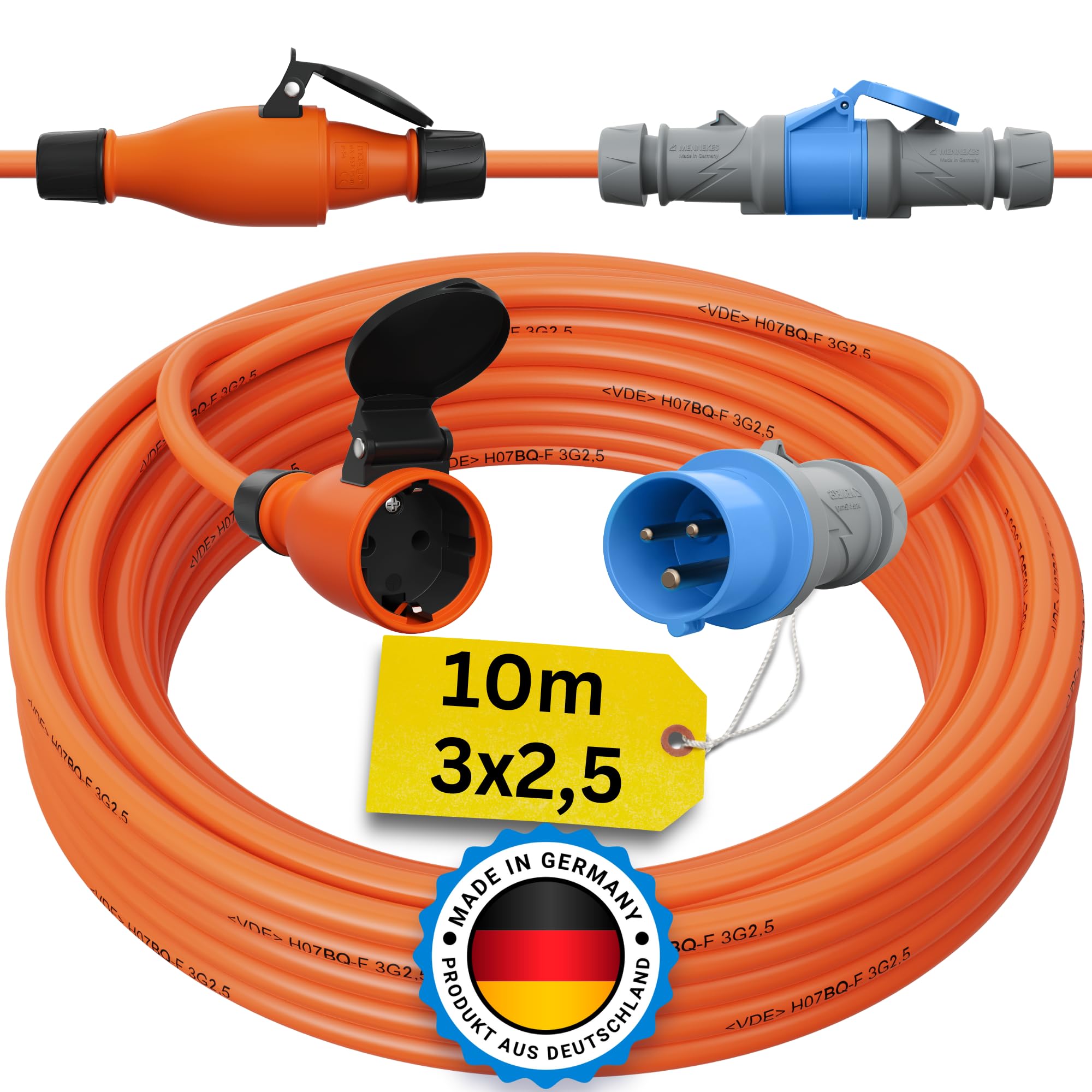 CEE auf Schuko Adapter 10m Camping Stromkabel H07BQ-F 3x2,5 Landstromkabel Wohnmobil Wohnwagen Kabel Camping Adapter 10 Meter Strom Verlängerungskabel CEE-Stecker Campingstecker Orange