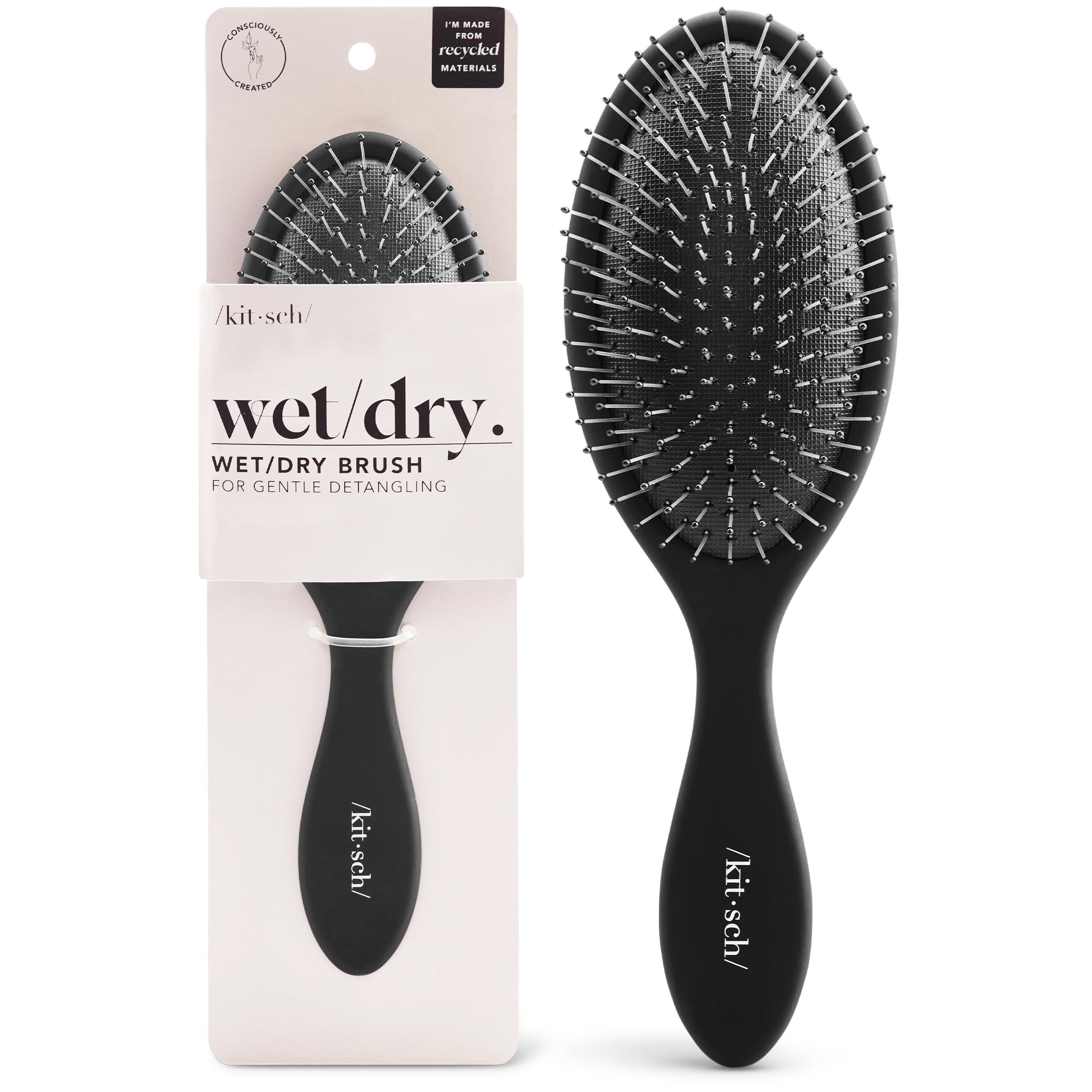 Kitsch Recycled Plastic Wet/Dry Hair Brush, Detangling Tool for Curly or Straight Styles, Brush for Tangled Strands, Flexible Hairbrush Bristles, Brushes for Women & Men, Adults & Kids (Flexi Black)