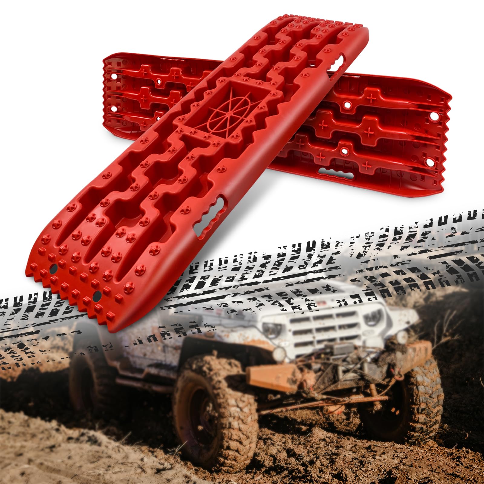 41" off-road traction recovery boards with jack base for sand, mud, and snow, 2 pcs tire traction board recovery tracks with 4 textured handles, red