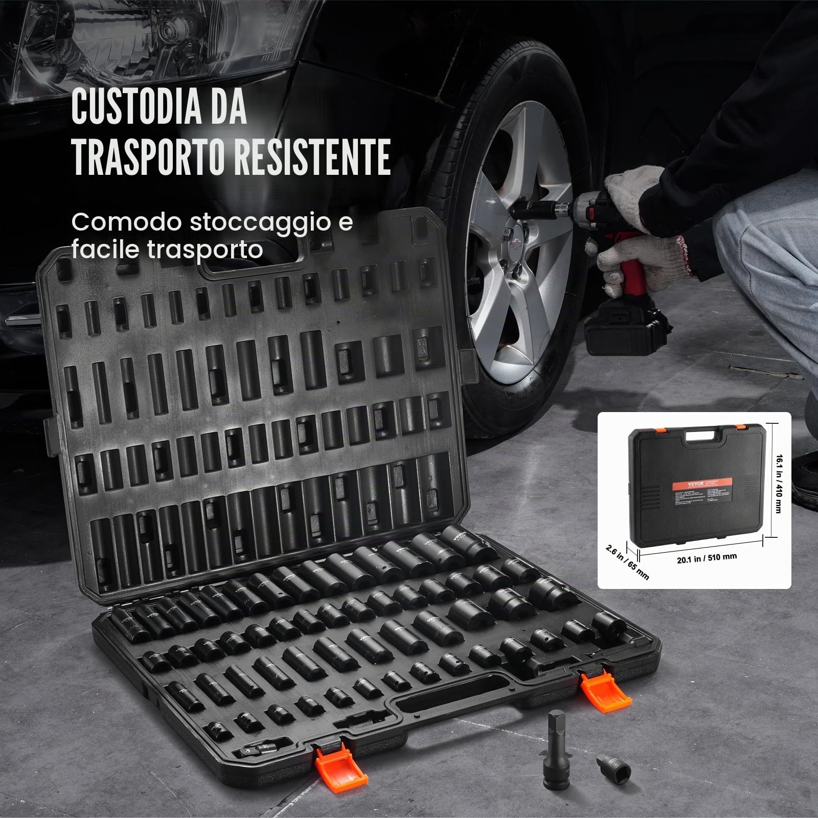 VEVOR Set di bussole per avvitatore a percussione da 3/8 e 1/2 pollici, Set di 59 bussole SAE da 5/16 a 1-1/4 pollici e metrico 6-32 mm, Acciaio legato Cr-Mo a 6 punti per riparazioni auto officina
