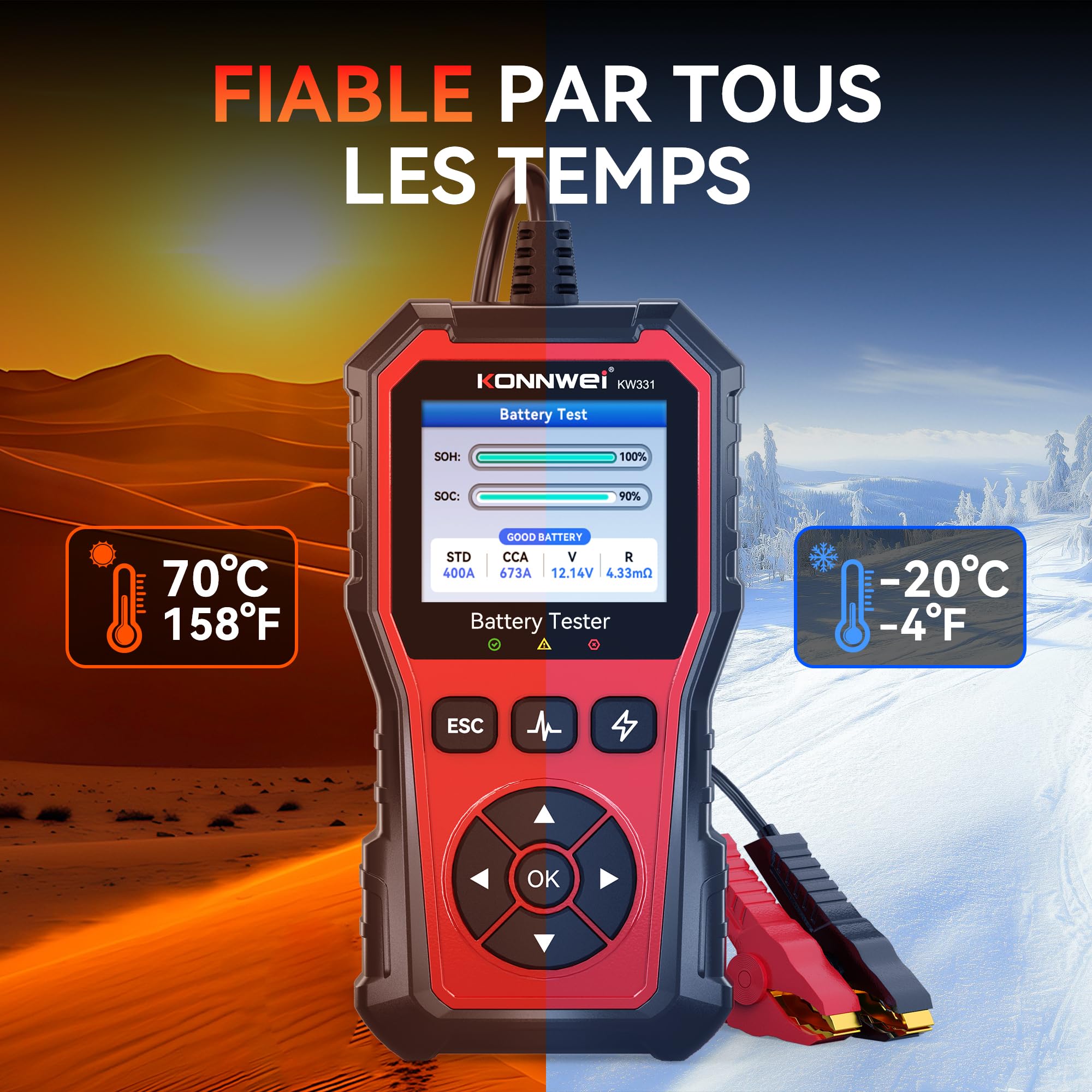 KONNWEI KW331 Testeur de Batterie avec Impression Cloud 10-2000 CCA 6V 12V 24V AGM Lithium Gel Batterie Analyseur Numérique Alternateur Système de Charge et Démarrage Voiture Moto Camions Marrine