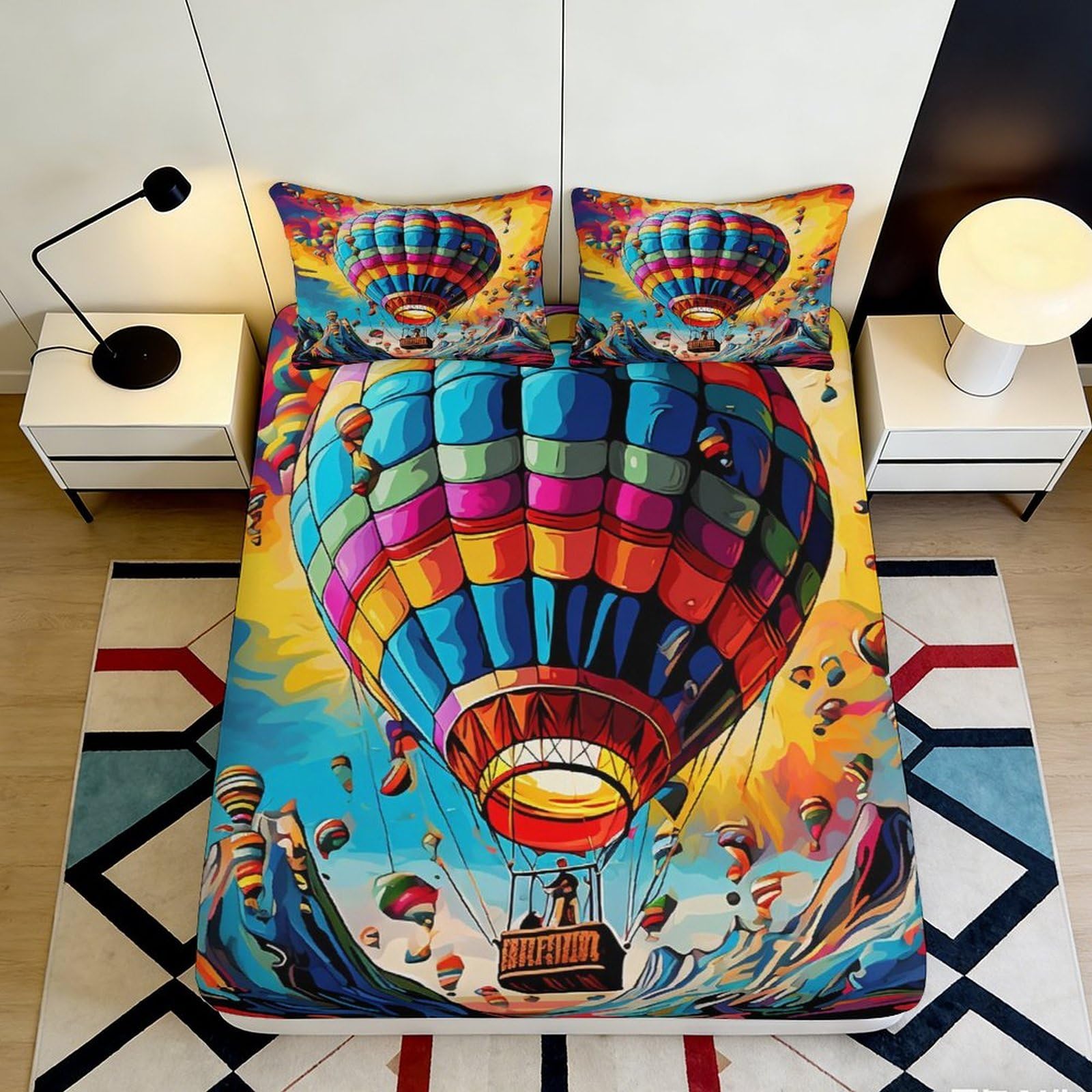 3D Printed Hot Air Balloon Fitted Sheet Microfiber Vibrant Sky Mattress Cover for Bedroom Dorm Decor, Easy Care 90x200x25cm