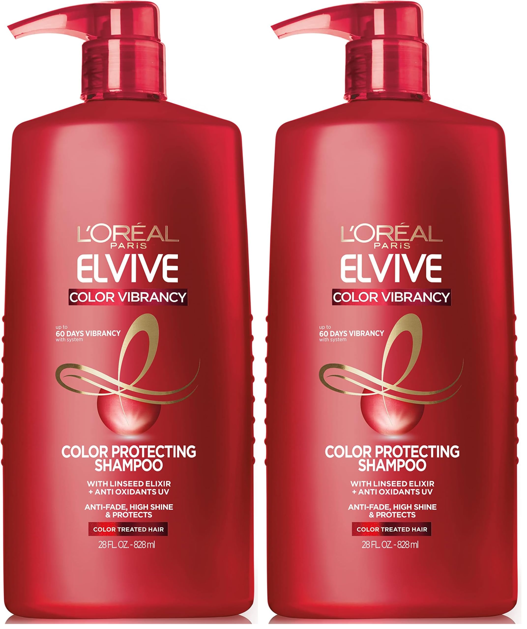 L'Oreal ParisElvive Color Vibrancy Protecting Shampoo, for Color Treated Hair, Shampoo with Linseed Elixir and Anti-Oxidants, for Anti-Fade, High Shine, and Color Protection, 28 Fl Oz (Pack of 2)