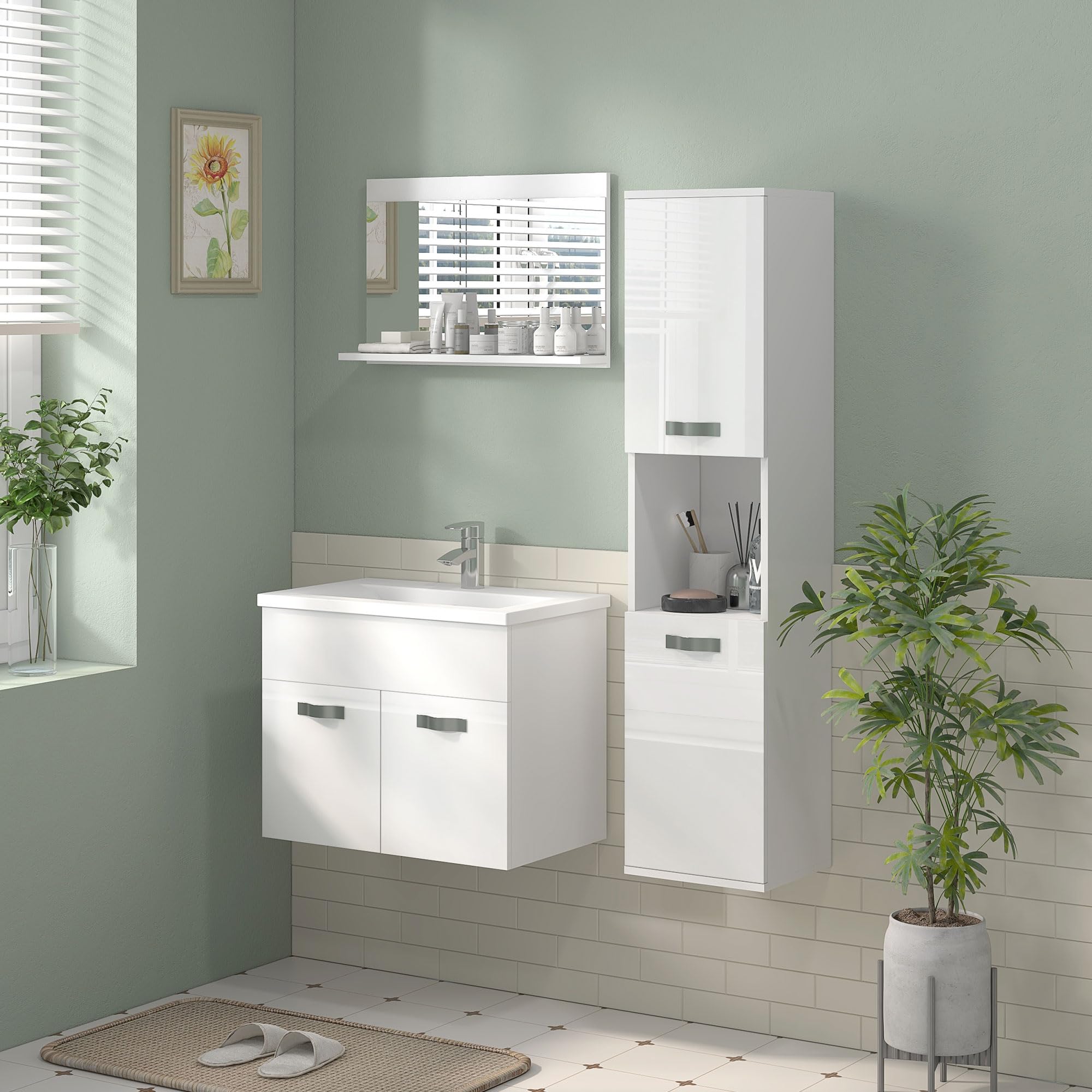 kleankin Mobile Bagno Sospeso con Lavabo, Mobile a 2 Ante con Lavandino e Cerniere Ammortizzate, 61x40x50cm, Bianco Lucido