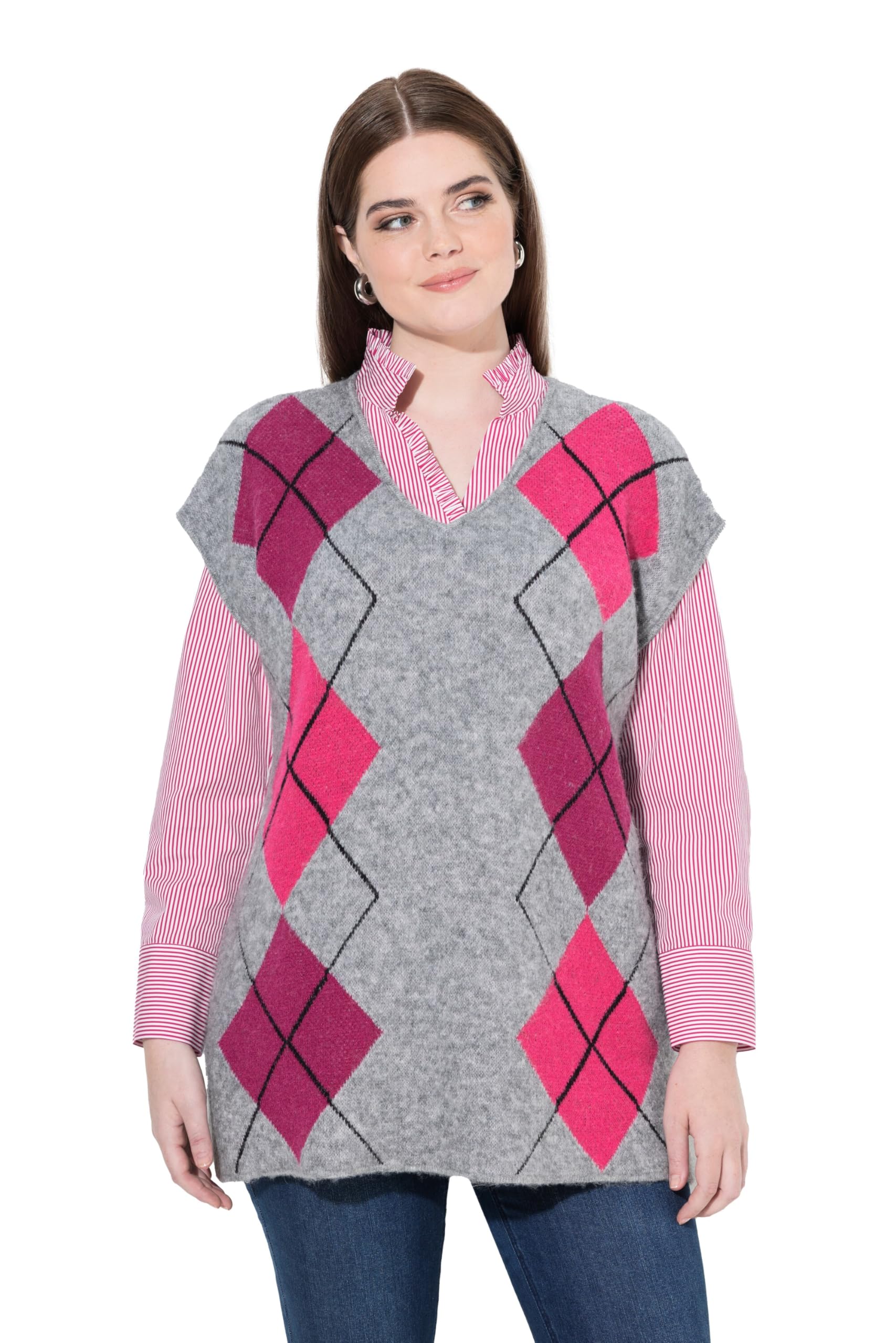 Ulla Popken Damen große Größen Übergrößen Plus Size Pullunder, V-Ausschnitt, Rhombenmuster, ärmellos 808418
