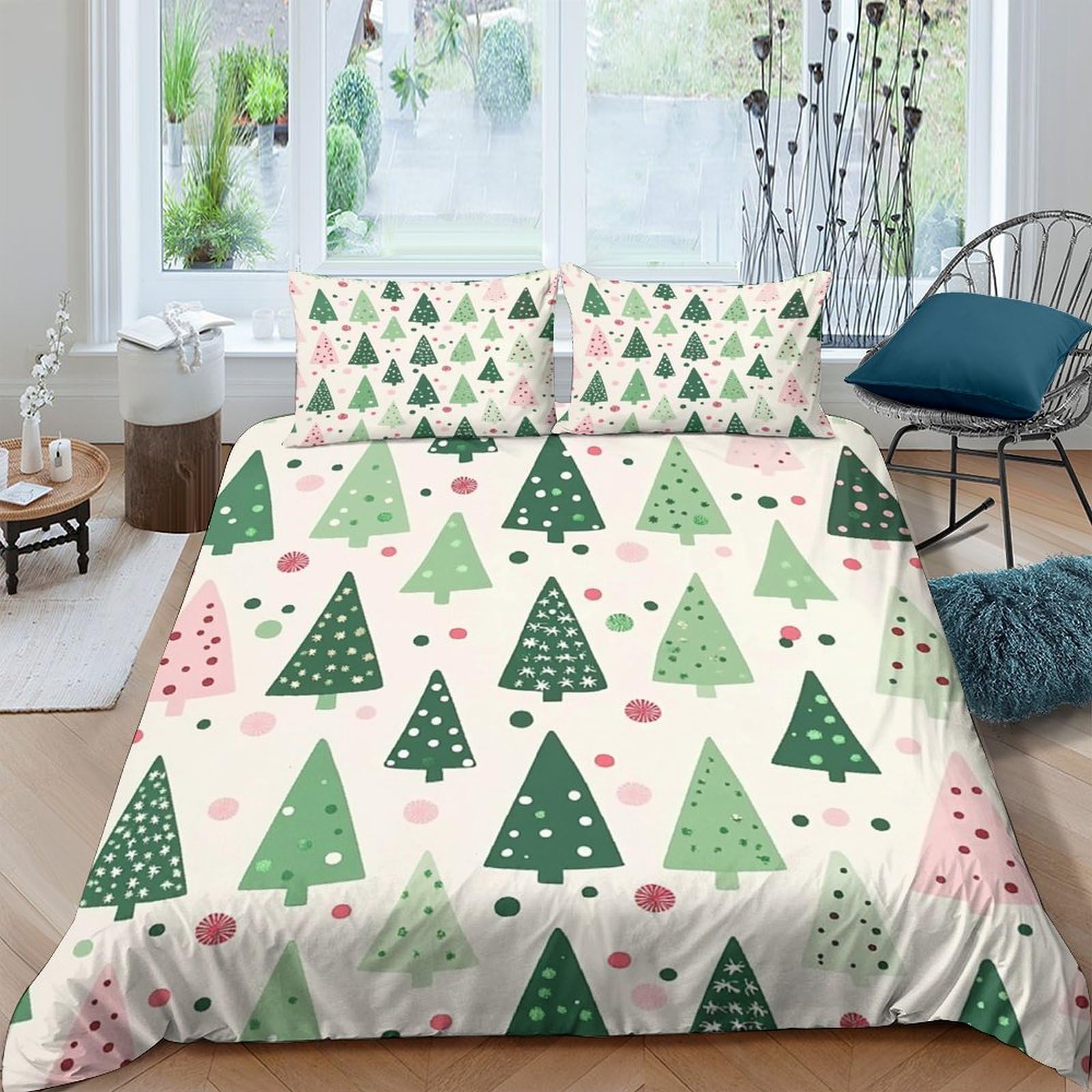 GPLZQXKJNH 3D Printed Christmas Tree Duvet Cover Microfiber Soft Breathable Pine Forest Bedding Set with 2 Pillowcases for Bedroom Decor Single（135x200cm）