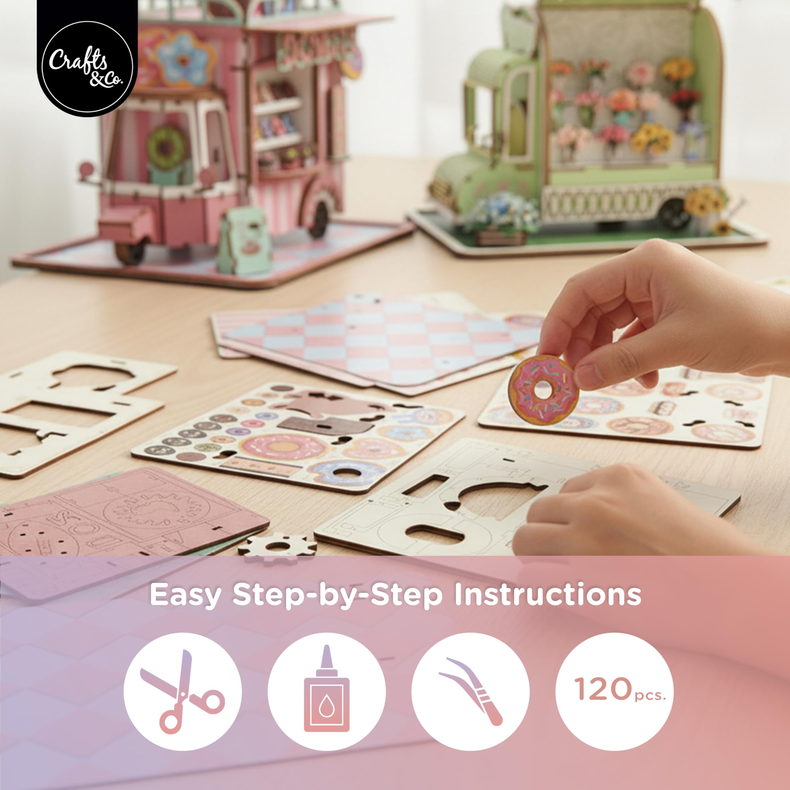 Crafts&Co Drewniane puzzle 3D z motywem pączka, "zrób to sam", miniaturowy zestaw do montażu z drewna dla dzieci i dorosłych, kreatywny zestaw do majsterkowania do relaksu i dekoracji, rozmiar 16 x 8