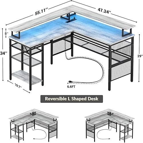 Miniatura 10 de Unikito Escritorio reversible en forma de L, escritorio para computadora con luz LED inteligente y toma de corriente, mesa de esquina resistente