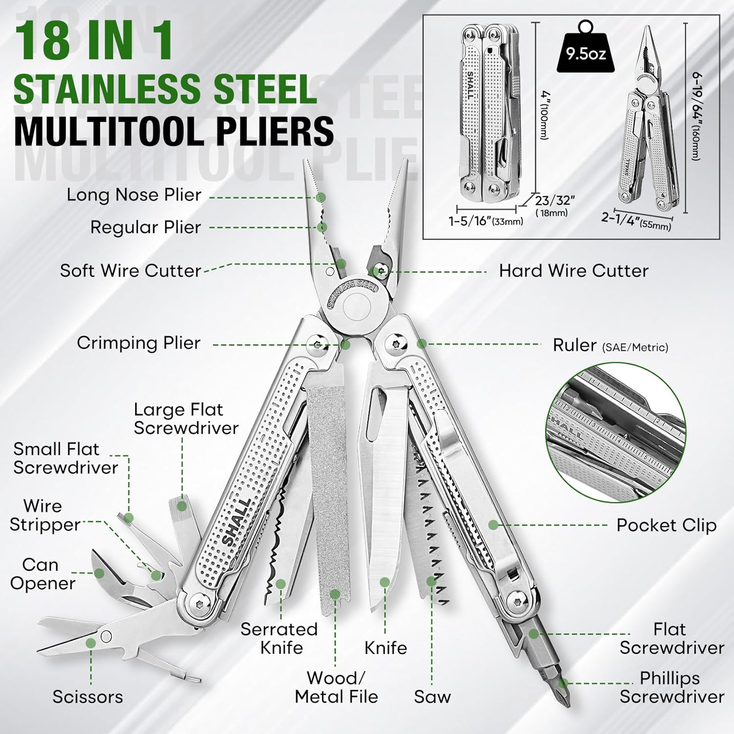 SHALL Multi Tool, 18-in-1 Multitool Pliers, Stainless Steel Multi-tool Pocket Knife w/Screwdriver Bit, Self-locking Multipurpose Tool w/Sheath for Camping Fishing Survival Hunting - Image 2