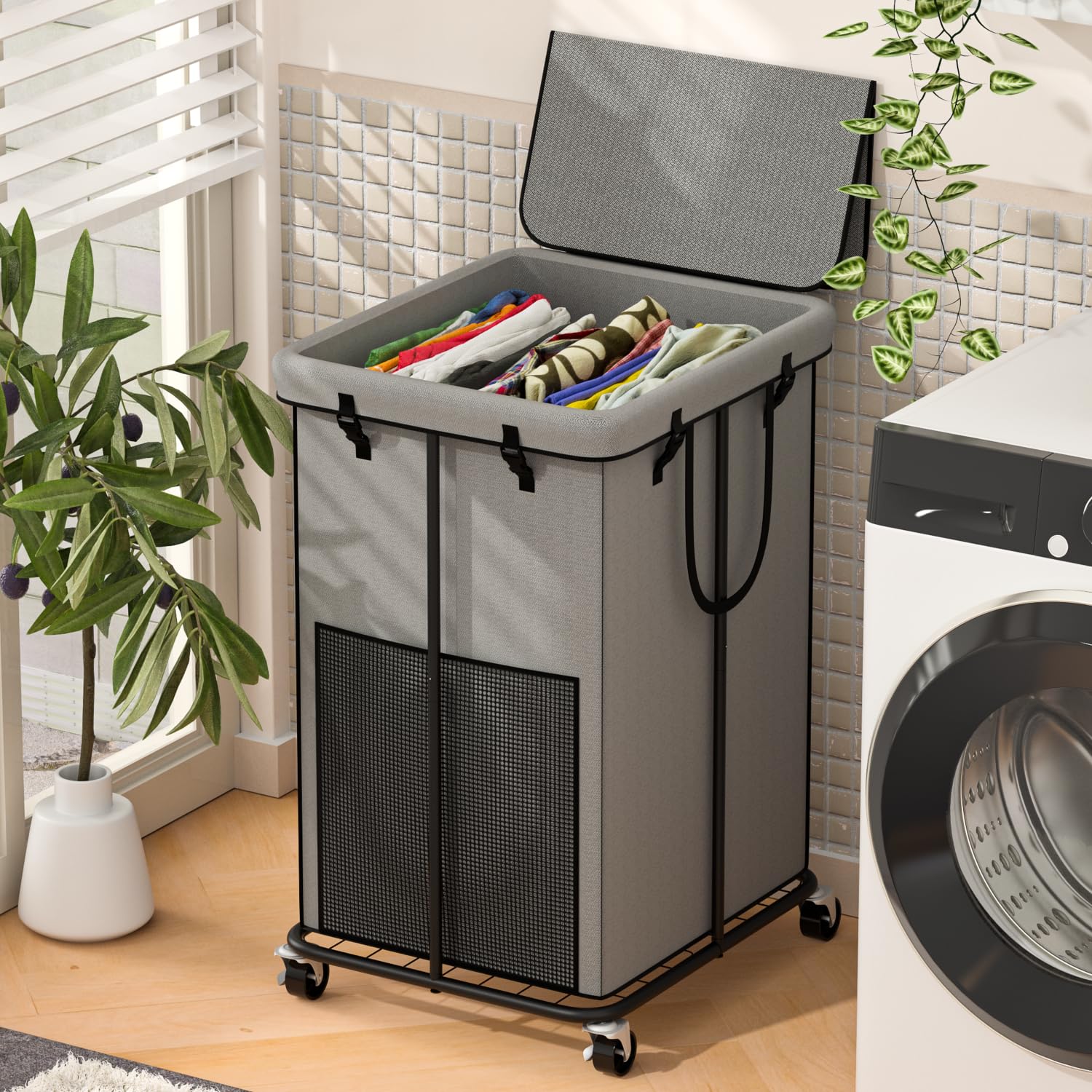 YKDIRECT 150L große Wäschekörbe mit Deckel, Wäschekörbe aus Oxford-Stoff, Metallrahmen und abnehmbare Tasche Design mit Rädern für Schlafzimmer, Bad, Schlafsaal, Waschküche (Grau-Deckel)
