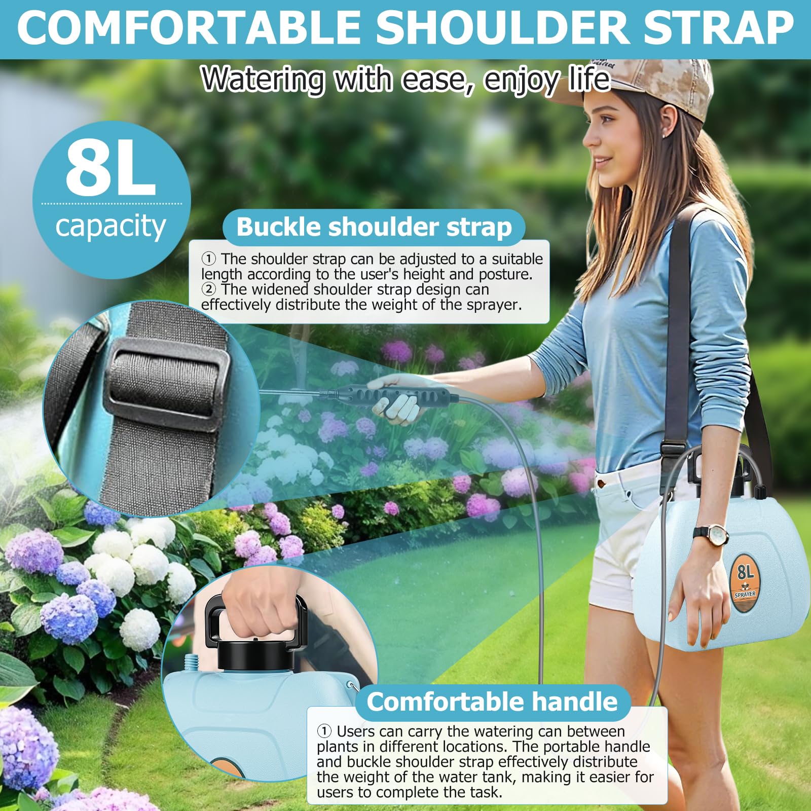 Nikou Pompa Irroratrice a Batteria 8L, Spruzzatore Elettrico Nebulizzatore Giardino a Pressione, Spruzzino Nebulizzatore Piante con 3 Ugelli, Lancia Telescopica, per Cortile Prato Irrigazione