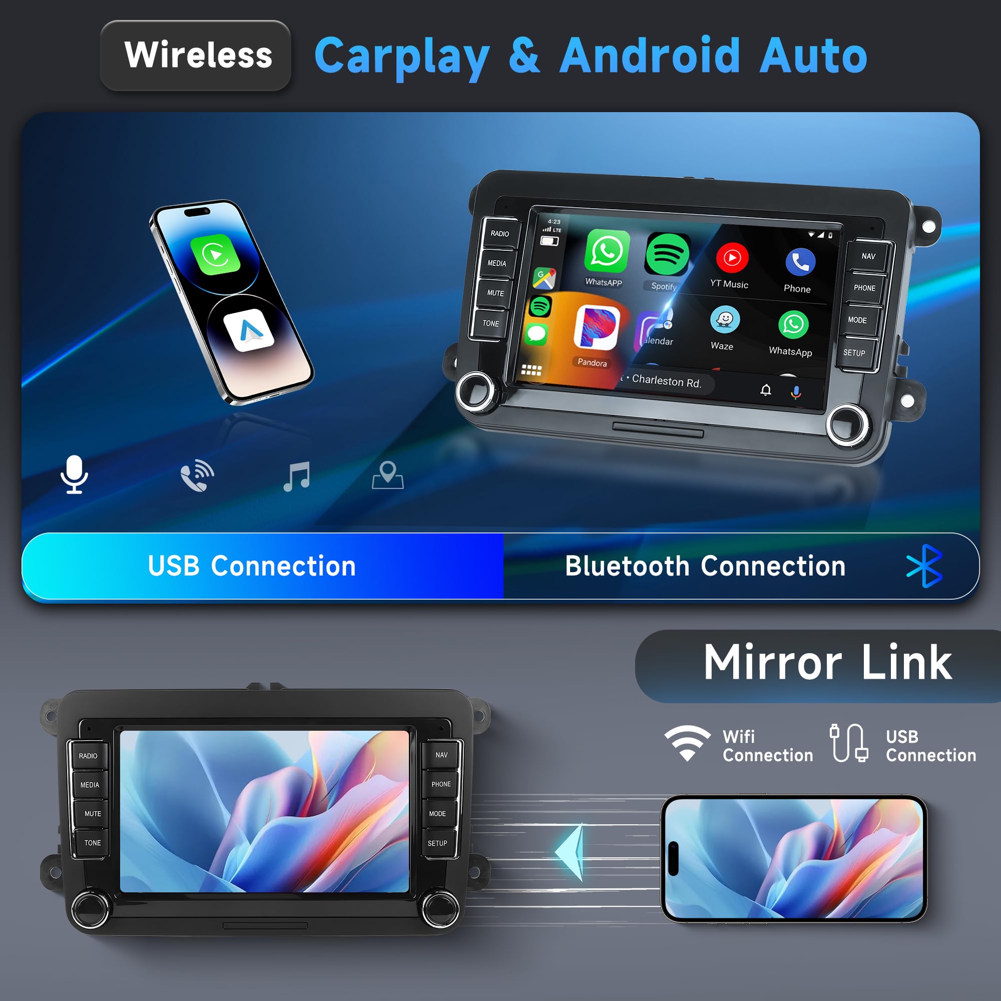 2G+64G Android Autoradio per VW Golf 5 6 Passat Polo Tiguan Touran Caddy Skoda Seat 7 Pollici Wireless Carplay Autoradio con Android Auto GPS Navi WiFi Bluetooth FM/RDS Telecamera Posteriore