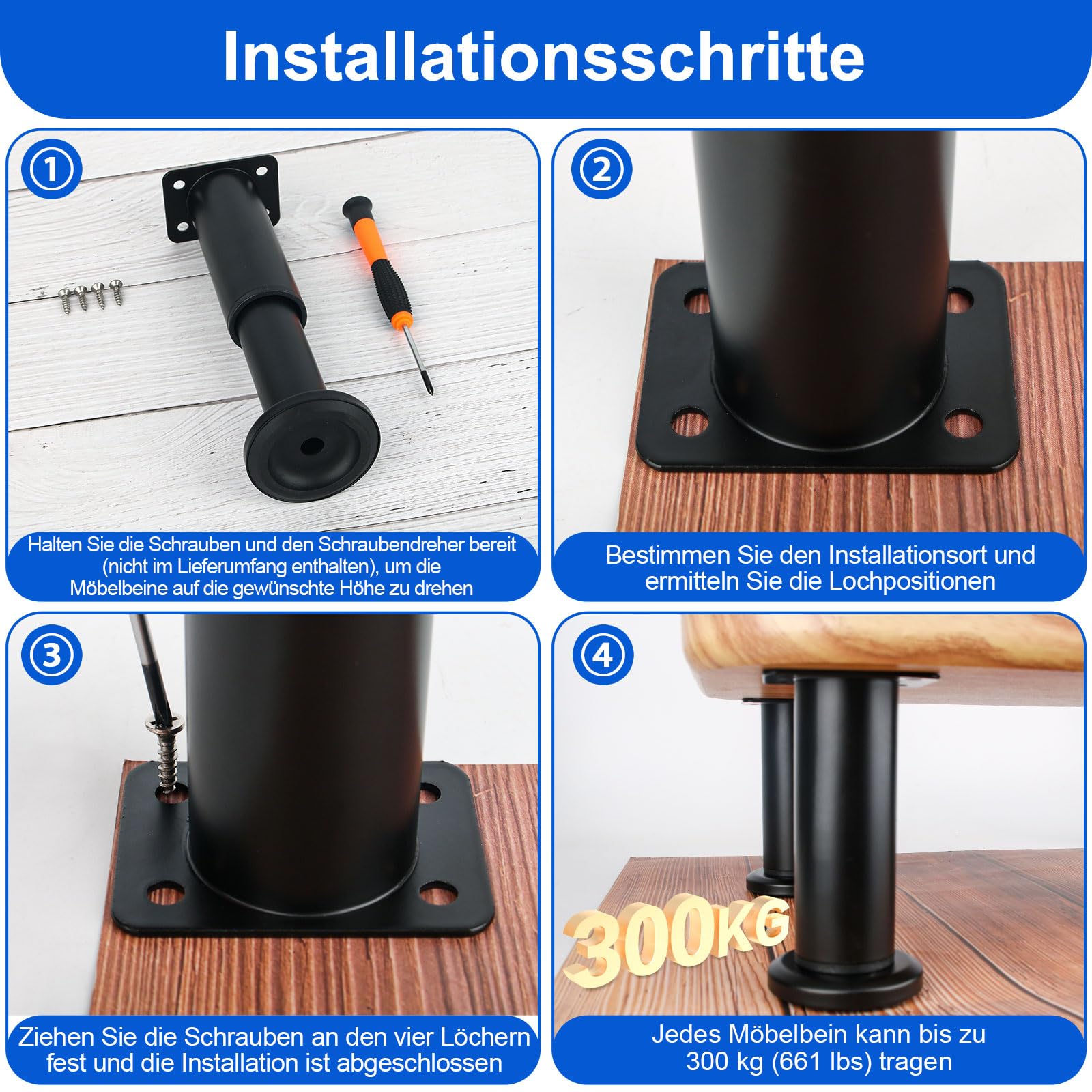 Gambe Per Mobili Regolabili - 4 Pezzi, Altezza 12-18cm, Nero - Per Letti, Tavoli, Armadi - Foto 6