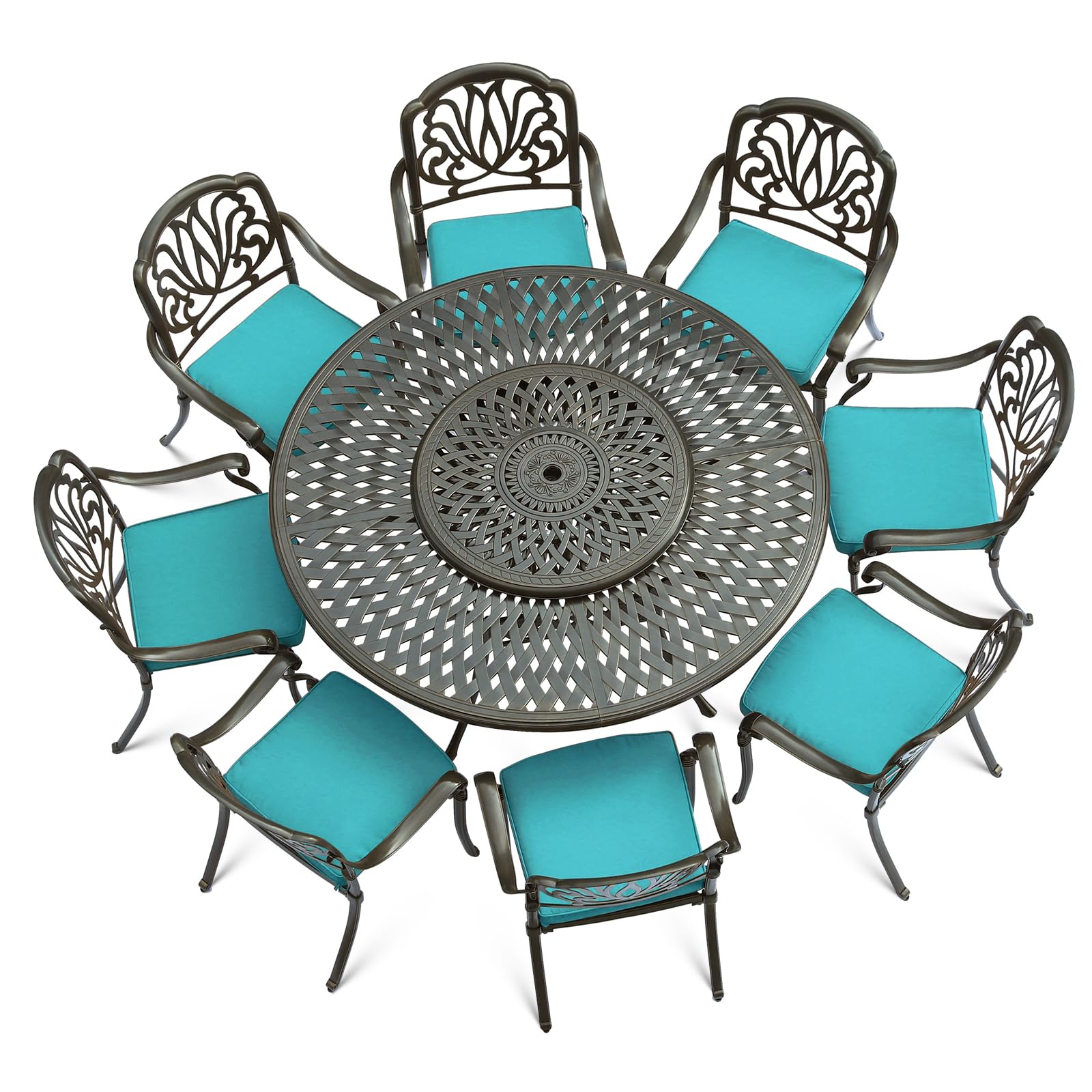VIVIJASON 9-Piece Patio Furniture Dining Set, Rust-Free Cast Aluminum Outdoor Conversation Set, Include 8 Cushioned Chairs & 61" Round Dining Table