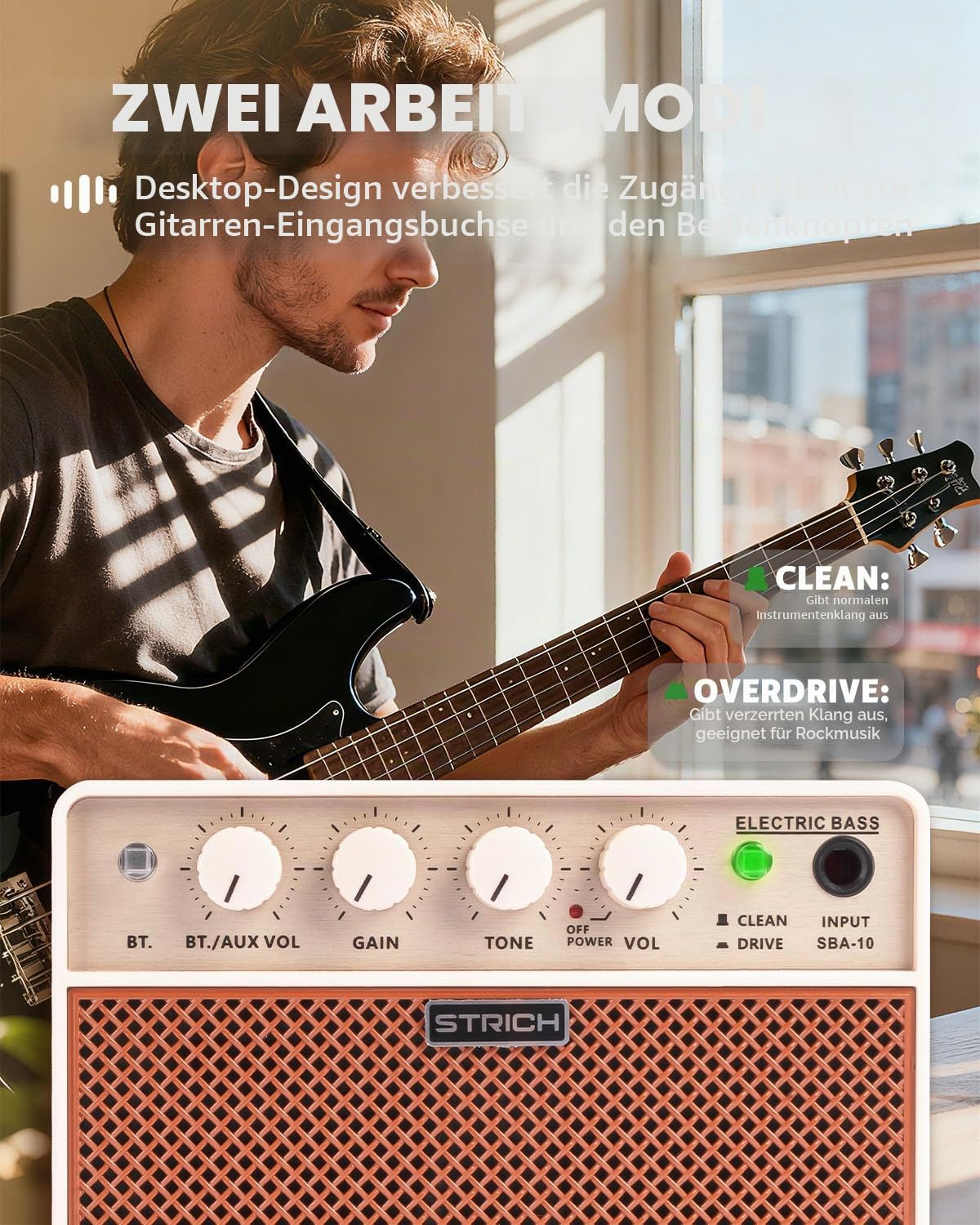 STRICH 2 x 5 W Mini-Bassverstärker - Tragbarer, wiederaufladbarer Bass-Übungsverstärker mit Clean, Drive-Kanälen, 1/8 Kopfhörerausgang für Bassanfänger, Brown