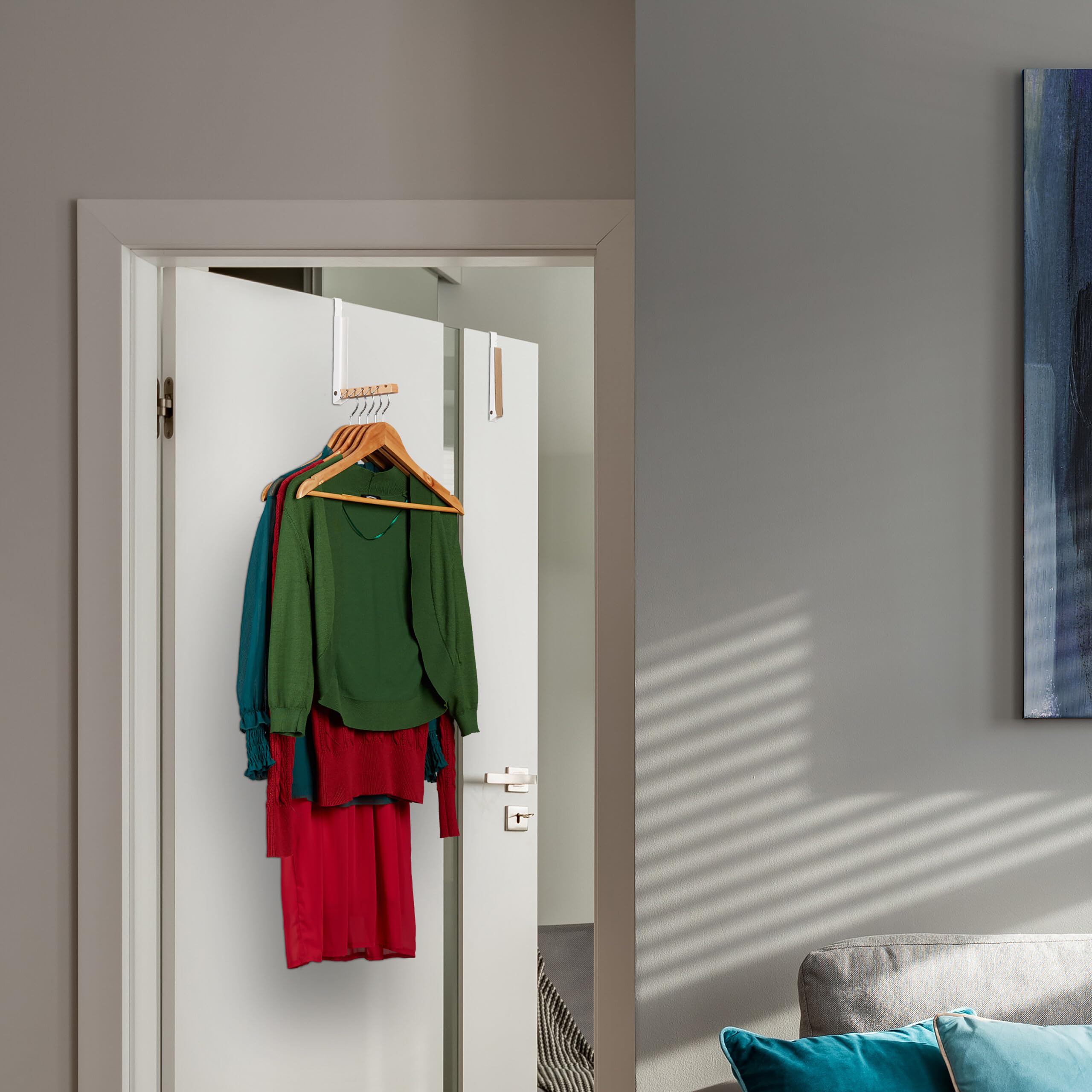 Relaxdays Ganci da Porta Appendiabiti, Set da 2 Appendini Pieghevoli per 6 Grucce Appendi Abiti, Ferro e Legno, Bianco
