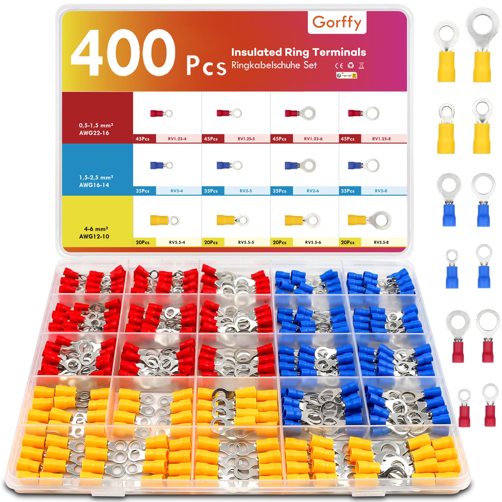 Capicorda ad anello, 400 pezzi Capicorda, 0,5-6mm² Capicorda ad anello, Ø M4/M5/M6/M8 Set di capicorda ad anello, assortimento di capicorda a crimpare