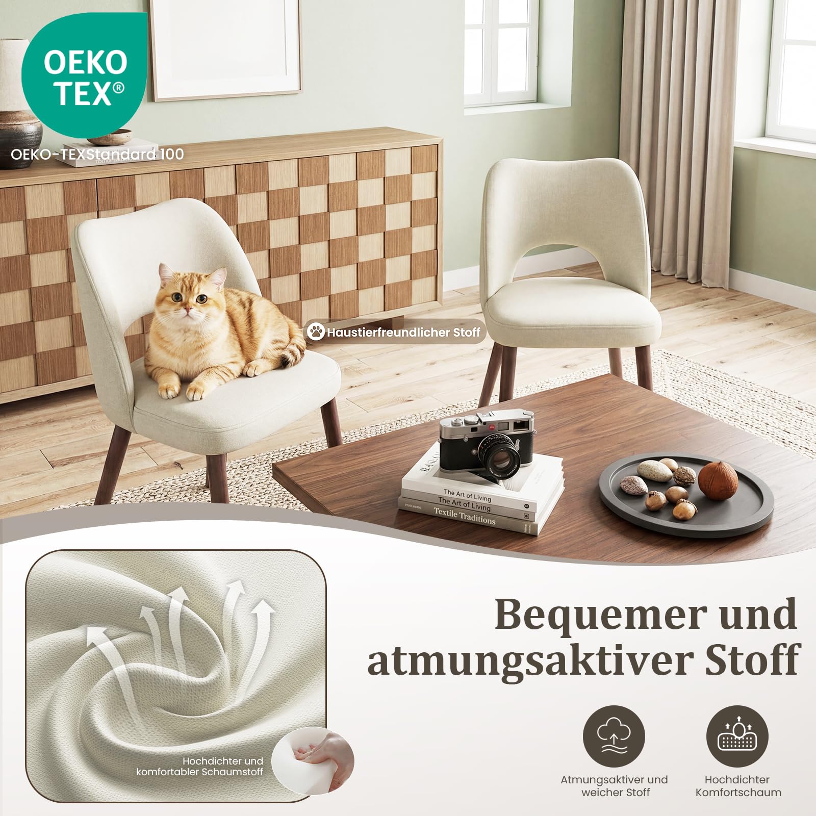 MALOL Esszimmerstühle 4er Set, Moderne Esszimmer Stühle, Ergonomisch Gepolsterte Küchenstühle mit Vertikal Gestreifter Rillenlehne, Polsterstühl für Esstisch Wohnzimmer Café Restaurant, Beige