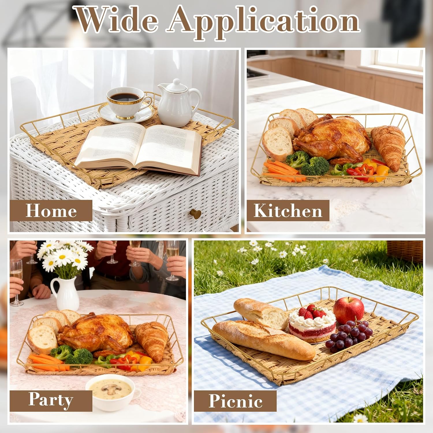 4 Pack Wicker Serving Trays Rattan Lap Trays for Eating Rectangular Dinner Trays with Handles Decorative Tray for Kitchen Coffee Table Picnic Party